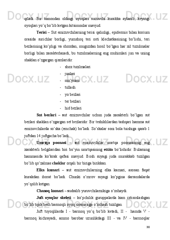 qiladi.   Bir   tomondan   oldingi   oyoqlari   suzuvchi   kurakka   aylanib,   keyingi
oyoqlari yo’q bo’lib ketgan kitsimonlar mavjud.  
Terisi –   Sut emizuvchilarning terisi qalinligi, epidermis bilan korium
orasida   surichlar   borligi,   yumshoq   teri   osti   klechatkasining   bo’lishi,   teri
bezlarining   ko’pligi   va   shoxdan,   muguzdan   hosil   bo’lgan   har   xil   tuzulmalar
borligi   bilan   xarakterlanadi,   bu   tuzulmalarning   eng   muhimlari   jun   va   uning
shaklan o’zgargan qismlaridir. 
- shox tuzilmalari 
- junlari 
- mo’ynasi 
- tullash 
- yo bezlari 
- ter bezlari 
- hid bezlari 
Sut   bezlari   –   s ut   emizuvchilar   uchun   juda   xarakterli   bo’lgan   sut
bezlari shaklan o’zgargan set bezlaridir. Bir teshiklilardan tashqari hamma sut
emizuvchilarda so’ska (emchak) bo’ladi. So’skalar soni bola tuishiga qarab 1
juftdan 14 juftgacha bo’ladi. 
Umrtqa   poonasi   –   s ut   emizuvchilar   umrtqa   poonasining   eng
xarakterli   belgilaridan   biri   bo’yin   umrtqasining   ettita   bo’lishidir.   Bularning
hammasida   ko’krak   qafasi   mavjud.   Bosh   suyagi   juda   murakkab   tuzilgan
bo’lib qo’zalmas  choklar  orqali bir biriga birikkan. 
Elka   kamari   –   s ut   emizuvchilarning   elka   kamari,   asosan   faqat
kurakdan   iborat   bo’ladi.   Chunki   o’mrov   suyagi   ko’pgina   darrandalarda
yo’qolib ketgan.
Chanoq kamari – s udralib yuruvchilarnikiga o’xshaydi. 
Juft   oyoqlar   skeleti   –   ko’pchilik   guruppalarda   kam   ixtisoslashgan
bo’lib tipik besh barmoqli oyoq sxemasiga o’xshash tuzilgan. 
Juft   tuyoqlilarda   I   -   barmoq   yo’q   bo’lib   ketadi,   II   -     hamda   V   -
barmoq   kichrayadi,   ammo   barobar   uzunlikdagi   III   -   va   IV   -   barmoqlar
30 