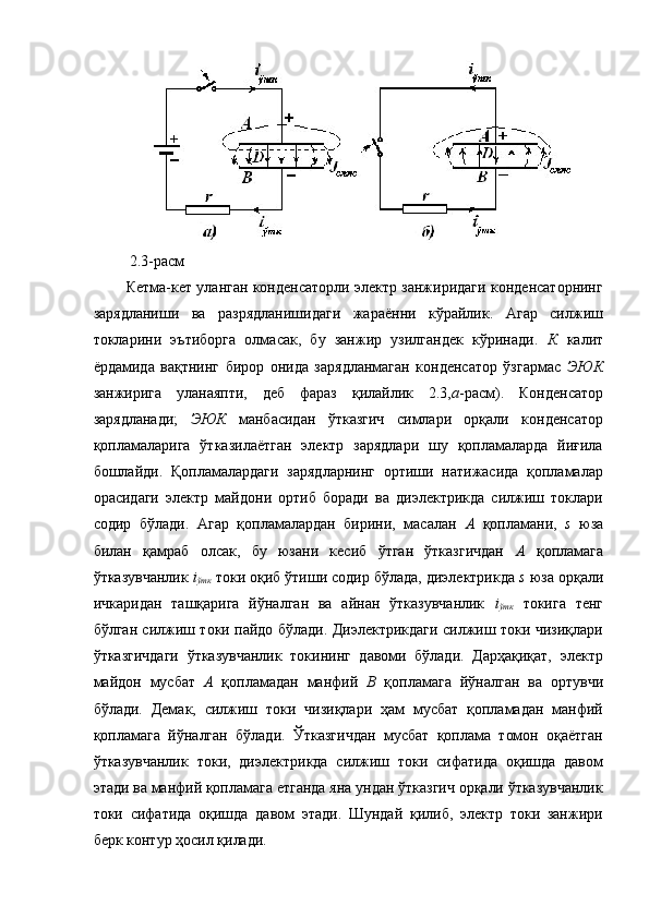  2.3-расм 
Кетма-кет уланган конденсаторли электр занжиридаги конденсаторнинг
зарядланиши   ва   разрядланишидаги   жараённи   кўрайлик.   Агар   силжиш
токларини   эътиборга   олмасак,   бу   занжир   узилгандек   кўринади.   К   калит
ёрдамида   вақтнинг   бирор   онида   зарядланмаган   конденсатор   ўзгармас   ЭЮК
занжирига   уланаяпти,   деб   фараз   қилайлик   2.3, а -расм).   Конденсатор
зарядланади;   ЭЮК   манбасидан   ўтказгич   симлари   орқали   конденсатор
қопламаларига   ўтказилаётган   электр   зарядлари   шу   қопламаларда   йиғила
бошлайди.   Қопламалардаги   зарядларнинг   ортиши   натижасида   қопламалар
орасидаги   электр   майдони   ортиб   боради   ва   диэлектрикда   силжиш   токлари
содир   бўлади.   Агар   қопламалардан   бирини,   масалан   А   қопламани,   s   юза
билан   қамраб   олсак,   бу   юзани   кесиб   ўтган   ўтказгичдан   А   қопламага
ўтказувчанлик  i
ўтк  токи оқиб ўтиши содир бўлада, диэлектрикда  s  юза орқали
ичкаридан   ташқарига   йўналган   ва   айнан   ўтказувчанлик   i
ўтк   токига   тенг
бўлган силжиш токи пайдо бўлади. Диэлектрикдаги силжиш токи чизиқлари
ўтказгичдаги   ўтказувчанлик   токининг   давоми   бўлади.   Дарҳақиқат,   электр
майдон   мусбат   А   қопламадан   манфий   В   қопламага   йўналган   ва   ортувчи
бўлади.   Демак,   силжиш   токи   чизиқлари   ҳам   мусбат   қопламадан   манфий
қопламага   йўналган   бўлади.   Ўтказгичдан   мусбат   қоплама   томон   оқаётган
ўтказувчанлик   токи,   диэлектрикда   силжиш   токи   сифатида   оқишда   давом
этади ва манфий қопламага етганда яна ундан ўтказгич орқали ўтказувчанлик
токи   сифатида   оқишда   давом   этади.   Шундай   қилиб,   электр   токи   занжири
берк контур ҳосил қилади.  