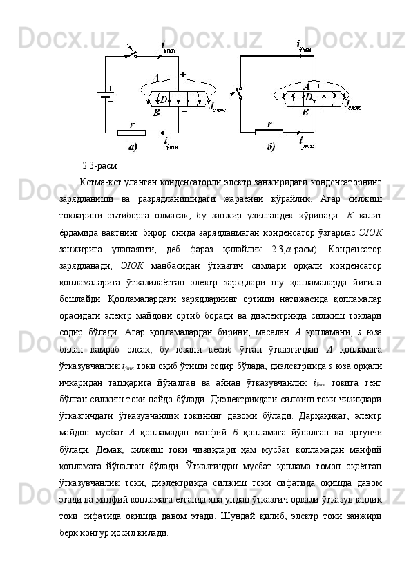 2.3-расм 
Кетма-кет уланган конденсаторли электр занжиридаги конденсаторнинг
зарядланиши   ва   разрядланишидаги   жараённи   кўрайлик.   Агар   силжиш
токларини   эътиборга   олмасак,   бу   занжир   узилгандек   кўринади.   К   калит
ёрдамида   вақтнинг   бирор   онида   зарядланмаган   конденсатор   ўзгармас   ЭЮК
занжирига   уланаяпти,   деб   фараз   қилайлик   2.3, а -расм).   Конденсатор
зарядланади;   ЭЮК   манбасидан   ўтказгич   симлари   орқали   конденсатор
қопламаларига   ўтказилаётган   электр   зарядлари   шу   қопламаларда   йиғила
бошлайди.   Қопламалардаги   зарядларнинг   ортиши   натижасида   қопламалар
орасидаги   электр   майдони   ортиб   боради   ва   диэлектрикда   силжиш   токлари
содир   бўлади.   Агар   қопламалардан   бирини,   масалан   А   қопламани,   s   юза
билан   қамраб   олсак,   бу   юзани   кесиб   ўтган   ўтказгичдан   А   қопламага
ўтказувчанлик  i
ўтк  токи оқиб ўтиши содир бўлада, диэлектрикда  s  юза орқали
ичкаридан   ташқарига   йўналган   ва   айнан   ўтказувчанлик   i
ўтк   токига   тенг
бўлган силжиш токи пайдо бўлади. Диэлектрикдаги силжиш токи чизиқлари
ўтказгичдаги   ўтказувчанлик   токининг   давоми   бўлади.   Дарҳақиқат,   электр
майдон   мусбат   А   қопламадан   манфий   В   қопламага   йўналган   ва   ортувчи
бўлади.   Демак,   силжиш   токи   чизиқлари   ҳам   мусбат   қопламадан   манфий
қопламага   йўналган   бўлади.   Ўтказгичдан   мусбат   қоплама   томон   оқаётган
ўтказувчанлик   токи,   диэлектрикда   силжиш   токи   сифатида   оқишда   давом
этади ва манфий қопламага етганда яна ундан ўтказгич орқали ўтказувчанлик
токи   сифатида   оқишда   давом   этади.   Шундай   қилиб,   электр   токи   занжири
берк контур ҳосил қилади.