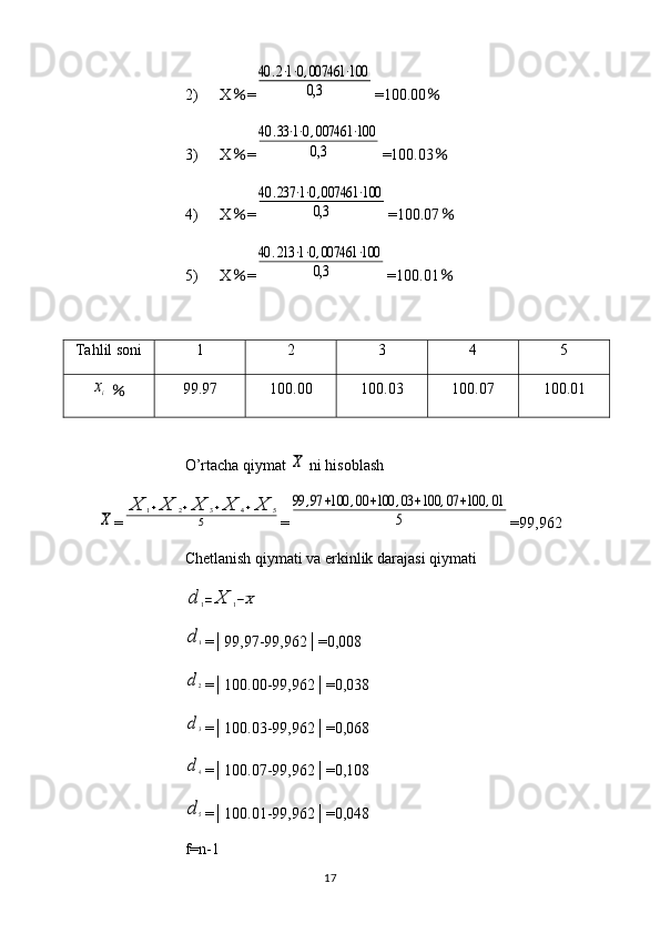 2) X ％ =40	.2⋅1⋅0,007461	⋅100	
0,3 =100.00 ％
3) X ％ =	
40	.33⋅1⋅0,007461	⋅100	
0,3 =100.03 ％
4) X ％ =	
40	.237	⋅1⋅0,007461	⋅100	
0,3 =100.07 ％
5) X ％ =	
40	.213	⋅1⋅0,007461	⋅100	
0,3 =100.01 ％
Tahlil soni 1 2 3 4 5	
xi
  ％ 99.97 100.00 100.03 100.07 100.01
O’rtacha qiymat 	
X  ni hisoblash	
X
=	
X	1+X	2+X	3+X	4+X	5	
5 =	
99	,97	+100	,00	+100	,03	+100	,07	+100	,01	
5 =99,962
Chetlanish qiymati va erkinlik darajasi qiymati	
d	1=	X	1−X	
d1
=│99,97-99,962│=0,008
d2
=│100.00-99,962│=0,038
d3
=│100.03-99,962│=0,068
d4
=│100.07-99,962│=0,108
d5
=│100.01-99,962│=0,048
f = n -1
17 