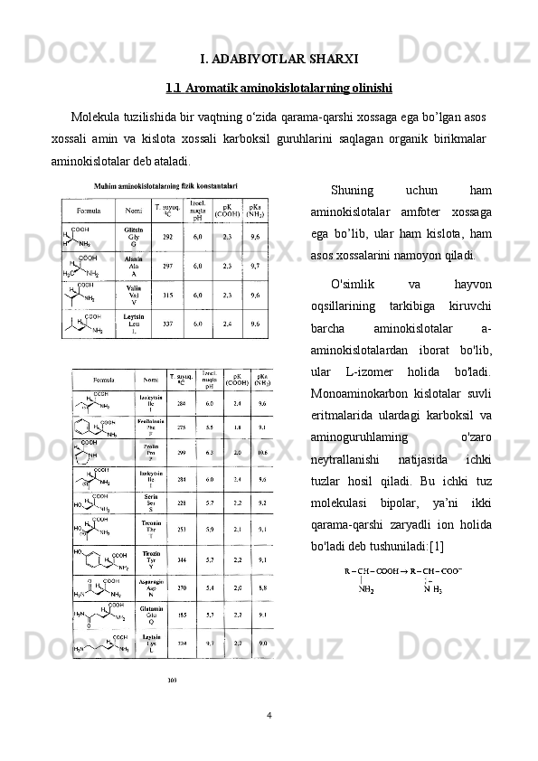 I. ADABIYOTLAR SHARXI
1.1     Aromatik aminokislotalar    ning olinishi   
Molekula tuzilishida bir vaqtning o‘zida qarama-qarshi xossaga ega bo’lgan asos
xossali   amin   va   kislota   xossali   karboksil   guruhlarini   saqlagan   organik   birikmalar
aminokislotalar deb ataladi. 
Shuning   uchun   ham
aminokislotalar   amfoter   xossaga
ega   bo’lib,   ular   ham   kislota,   ham
asos xossalarini namoyon qiladi.
O'simlik   va   hayvon
oqsillarining   tarkibiga   kiruvchi
barcha   aminokislotalar   a-
aminokislotalardan   iborat   bo'lib,
ular   L-izomer   holida   bo'ladi.
Monoaminokarbon   kislotalar   suvli
eritmalarida   ulardagi   karboksil   va
aminoguruhlaming   o'zaro
neytrallanishi   natijasida   ichki
tuzlar   hosil   qiladi.   Bu   ichki   tuz
molekulasi   bipolar,   ya’ni   ikki
qarama-qarshi   zaryadli   ion   holida
bo'ladi deb tushuniladi: [1]
4 