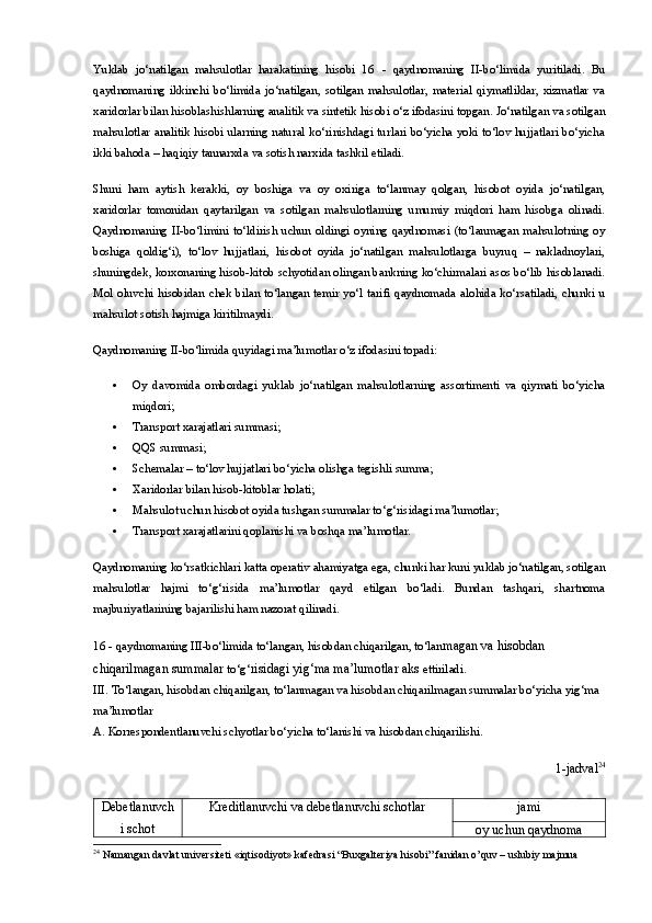 Yuklab   jo‘natilgan   mahsulotlar   harakatining   hisobi   16   -   qaydnomaning   II-bo‘limida   yuritiladi.   Bu
qaydnomaning   ikkinchi   bo‘limida   jo‘natilgan,   sotilgan   mahsulotlar,   material   qiymatliklar,   xizmatlar   va
xaridorlar bilan hisoblashishlarning analitik va sintetik hisobi o‘z ifodasini topgan. Jo‘natilgan va sotilgan
mahsulotlar analitik hisobi ularning natural ko‘rinishdagi turlari bo‘yicha yoki to‘lov hujjatlari bo‘yicha
ikki bahoda – haqiqiy tannarxda va sotish narxida tashkil etiladi.
Shuni   ham   aytish   kerakki,   oy   boshiga   va   oy   oxiriga   to‘lanmay   qolgan,   hisobot   oyida   jo‘natilgan,
xaridorlar   tomonidan   qaytarilgan   va   sotilgan   mahsulotlarning   umumiy   miqdori   ham   hisobga   olinadi.
Qaydnomaning   II-bo‘limini   to‘ldirish   uchun   oldingi   oyning   qaydnomasi   (to‘lanmagan   mahsulotning   oy
boshiga   qoldig‘i),   to‘lov   hujjatlari,   hisobot   oyida   jo‘natilgan   mahsulotlarga   buyruq   –   nakladnoylari,
shuningdek, korxonaning hisob-kitob schyotidan olingan bankning ko‘chirmalari asos bo‘lib hisoblanadi.
Mol  oluvchi hisobidan  chek  bilan to‘langan temir  yo‘l  tarifi qaydnomada  alohida ko‘rsatiladi, chunki u
mahsulot sotish hajmiga kiritilmaydi.
Qaydnomaning II-bo‘limida quyidagi ma’lumotlar o‘z ifodasini topadi:
 Oy   davomida   ombordagi   yuklab   jo‘natilgan   mahsulotlarning   assortimenti   va   qiymati   bo‘yicha
miqdori;
 Transport xarajatlari summasi;
 QQS summasi;
 Schemalar – to‘lov hujjatlari bo‘yicha olishga tegishli summa;
 Xaridorlar bilan hisob-kitoblar holati;
 Mahsulot uchun hisobot oyida tushgan summalar to‘g‘risidagi ma’lumotlar;
 Transport xarajatlarini qoplanishi va boshqa ma’lumotlar.
Qaydnomaning ko‘rsatkichlari katta operativ ahamiyatga ega, chunki har kuni yuklab jo‘natilgan, sotilgan
mahsulotlar   hajmi   to‘g‘risida   ma’lumotlar   qayd   etilgan   bo‘ladi.   Bundan   tashqari,   shartnoma
majburiyatlarining bajarilishi ham nazorat qilinadi.
16   -   qaydnomaning III-bo‘limida to‘langan, hisobdan chiqarilgan, to‘lan magan va hisobdan 
chiqarilmagan summalar  to‘g‘ risidagi yig‘ma ma’lumotlar aks  ettiriladi.
III. To‘langan, hisobdan chiqarilgan, to‘lanmagan va hisobdan chiqarilmagan summalar bo‘yicha yig‘ma 
ma’lumotlar
A. Korrespondentlanuvchi schyotlar bo‘yicha to‘lanishi va hisobdan chiqarilishi.
1-jadval 24
Debetlanuvch
i schot Kreditlanuvchi va debetlanuvchi schotlar jami
oy  uchun  qaydnoma
24
 Namangan davlat universiteti «iqtisodiyot» kafedrasi “Buxgalteriya hisobi” fanidan o’quv – uslubiy majmua 