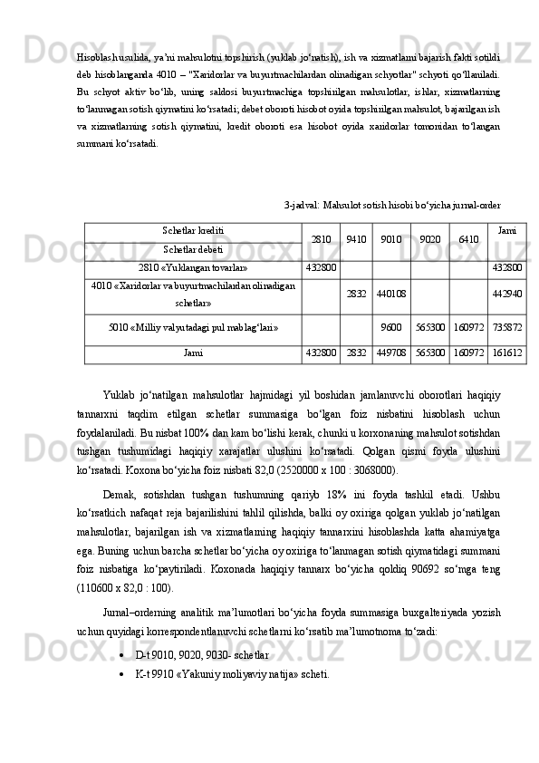 Hisoblash usulida , ya’ni mahsulotni topshirish (yuklab jo‘natish), ish va xizmatlarni bajarish fakti sotildi
deb   hisoblanganda   4010   –   "Xaridorlar   va   buyurtmachilardan   olinadigan   schyotlar"   schyoti   qo‘llaniladi.
Bu   schyot   aktiv   bo‘lib,   uning   saldosi   buyurtmachiga   topshirilgan   mahsulotlar,   ishlar,   xizmatlarning
to‘lanmagan sotish qiymatini ko‘rsatadi; debet oboroti hisobot oyida topshirilgan mahsulot, bajarilgan ish
va   xizmatlarning   sotish   qiymatini,   kredit   oboroti   esa   hisobot   oyida   xaridorlar   tomonidan   to‘langan
summani ko‘rsatadi.
3-jadval :  Mahsulot sotish hisobi bo‘yicha  jurnal-order
Schetlar krediti
2810 9410 9010 9020 6410 Jami
Schetlar debeti
2810 «Yuklangan tovarlar» 432800 432800
4010 «Xaridorlar va buyurtmachilardan olinadigan
schetlar» 2832 440108 442940
5010 «Milliy valyutadagi pul mablag‘lari» 9600 565300 160972 735872
Jami 432800 2832 449708 565300 160972 161612
Yuklab   jo‘natilgan   mahsulotlar   hajmidagi   yil   boshidan   jamlanuvchi   oborotlari   haqiqiy
tannarxni   taqdim   etilgan   schetlar   summasiga   bo‘lgan   foiz   nisbatini   hisoblash   uchun
foydalaniladi. Bu nisbat 100% dan kam bo‘lishi kerak, chunki u korxonaning mahsulot sotishdan
tushgan   tushumidagi   haqiqiy   xarajatlar   ulushini   ko‘rsatadi.   Qolgan   qismi   foyda   ulushini
ko‘rsatadi. Koxona bo‘yicha foiz nisbati 82,0 (2520000 x 100 : 3068000).
Demak,   sotishdan   tushgan   tushumning   qariyb   18%   ini   foyda   tashkil   etadi.   Ushbu
ko‘rsatkich   nafaqat   reja   bajarilishini   tahlil   qilishda,   balki   oy   oxiriga   qolgan   yuklab   jo‘natilgan
mahsulotlar,   bajarilgan   ish   va   xizmatlarning   haqiqiy   tannarxini   hisoblashda   katta   ahamiyatga
ega. Buning uchun barcha schetlar bo‘yicha oy oxiriga to‘lanmagan sotish qiymatidagi summani
foiz   nisbatiga   ko‘paytiriladi.   Koxonada   haqiqiy   tannarx   bo‘yicha   qoldiq   90692   so‘mga   teng
(110600 x 82,0 : 100).
Jurnal–orderning   analitik   ma’lumotlari   bo‘yicha   foyda   summasiga   buxgalteriyada   yozish
uchun quyidagi korrespondentlanuvchi schetlarni ko‘rsatib ma’lumotnoma to‘zadi: 
 D-t 9010, 9020, 9030- schetlar
 K-t 9910 «Yakuniy moliyaviy natija» scheti. 