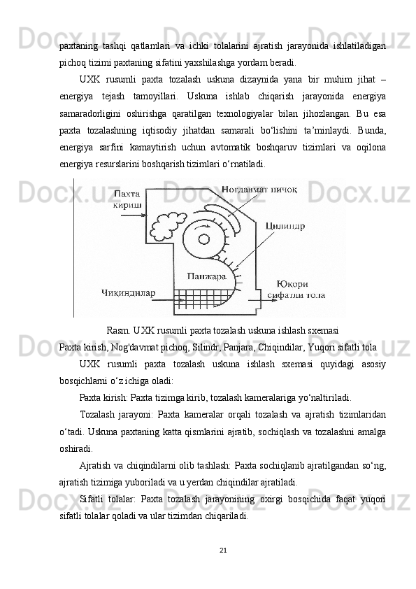 paxtaning   tashqi   qatlamlari   va   ichki   tolalarini   ajratish   jarayonida   ishlatiladigan
pichoq tizimi paxtaning sifatini yaxshilashga yordam beradi.
UXK   rusumli   paxta   tozalash   uskuna   dizaynida   yana   bir   muhim   jihat   –
energiya   tejash   tamoyillari.   Uskuna   ishlab   chiqarish   jarayonida   energiya
samaradorligini   oshirishga   qaratilgan   texnologiyalar   bilan   jihozlangan.   Bu   esa
paxta   tozalashning   iqtisodiy   jihatdan   samarali   bo‘lishini   ta’minlaydi.   Bunda,
energiya   sarfini   kamaytirish   uchun   avtomatik   boshqaruv   tizimlari   va   oqilona
energiya resurslarini boshqarish tizimlari o‘rnatiladi.
Rasm. UXK rusumli paxta tozalash uskuna ishlash sxemasi
Paxta   kirish ,  Nog ' davmat   pichoq ,  Silindr ,  Panjara ,  Chiqindilar , Yuqori sifatli tola
UXK   rusumli   paxta   tozalash   uskuna   ishlash   sxemasi   quyidagi   asosiy
bosqichlarni o‘z ichiga oladi:
Paxta kirish: Paxta tizimga kirib, tozalash kameralariga yo‘naltiriladi.
Tozalash   jarayoni:   Paxta   kameralar   orqali   tozalash   va   ajratish   tizimlaridan
o‘tadi. Uskuna paxtaning katta qismlarini ajratib, sochiqlash va tozalashni amalga
oshiradi.
Ajratish va chiqindilarni olib tashlash: Paxta sochiqlanib ajratilgandan so‘ng,
ajratish tizimiga yuboriladi va u yerdan chiqindilar ajratiladi.
Sifatli   tolalar:   Paxta   tozalash   jarayonining   oxirgi   bosqichida   faqat   yuqori
sifatli tolalar qoladi va ular tizimdan chiqariladi.
 
21 