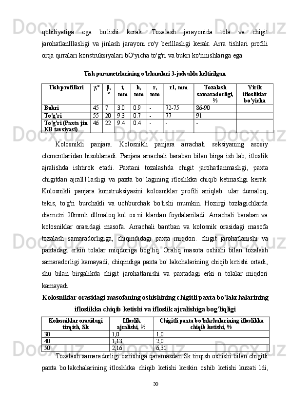 qobiliyatiga   ega   bo'lishi   kerak.   Tozalash   jarayonida   tola   va   chigit
jarohatlanlllasligi   va   jinlash   jarayoni   ro'y   berlllasligi   kerak.   Arra   tishlari   profili
orqa qirralari konstruksiyalari bO'yicha to'g'ri va bukri ko'rinishlariga ega.
Tish parametrlarining o'lchamlari 3-jadvalda keltirilgan.
Tish profillari γ,° β,
° t,
mm h,
mm r,
mm r1, mm Tozalash
samaradorligi,
% Yirik
iflosliklar
bo'yicha
Bukri 45 7 3.0 0.9 - 72-75 86-90
To'g'ri 55 20 9.3 0.7 - 77 91
To'g'ri (Paxta jin
KB tavsiyasi) 46 22 9.4 0.4 - - -
Kolosnikli   panjara.   Kolosnikli   panjara   arrachali   seksiyaning   asosiy
elementlaridan  hisoblanadi.   Panjara   arrachali   baraban  bilan   birga   ish   lab,   itloslik
ajralishda   ishtirok   etadi.   Paxtani   tozalashda   chigit   jarohatlanmasligi,   paxta
chigitdan   ajrall11asligi   va   paxta   bo'   lagining   itloslikka   chiqib   ketmasligi   kerak.
Kolosnikli   panjara   konstruksiyasini   kolosniklar   profili   aniqlab.   ular   dumaloq,
tekis,   to'g'ri   burchakli   va   uchburchak   bo'lishi   mumkin.   Hozirgi   tozlagichlarda
diametri   20mmli   dllmaloq   kol   os   ni   klardan   foydalaniladi.   Arrachali   baraban   va
kolosniklar   orasidagi   masofa.   Arrachali   bantban   va   kolosnik   orasidagi   masofa
tozalash   samaradorligiga,   chiqindidagi   paxta   miqdori.   chigit   jarohatlanishi   va
paxtadagi   erkin   tolalar   miqdoriga   bog'liq.   Oraliq   masota   oshishi   bilan   tozalash
samaradorligi kamayadi, chiqindiga paxta bo' lakchalarining chiqib ketishi ortadi,
shu   bilan   birgalikda   chigit   jarohatlanishi   va   paxtadagi   erki   n   tolalar   miqdori
kamayadi.
Kolosniklar orasidagi masofaning oshishining chigitli paxta bo'lakchalarining
ifloslikka chiqib ketishi va ifloslik ajralishiga bog'liqligi
Kolosniklar orasidagi
tirqish, Sk Ifloslik
ajralishi, % Chigitli paxta bo'lakchalarining ifloslikka
chiqib ketishi, %
30 1,0 1,0
40 1,13 2,0
50 2,16 6,31
Tozalash   samaradorligi   osnishiga   qaramasdan   Sk   tirqish   oshishi   bilan   chigitli
paxta   bo ' lakchalarining   itloslikka   chiqib   ketishi   keskin   oshib   ketishi   kuzati   ldi ,
30 