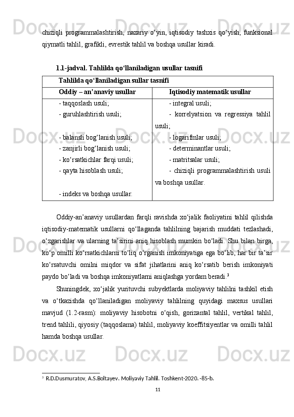 chiziqli   programmalashtirish,   nazariy   o‘yin,   iqtisodiy   tashxis   qo‘yish,   funksional
qiymatli tahlil, grafikli, evrestik tahlil va boshqa usullar kiradi.
1.1-jadval. Tahlilda qo‘llaniladigan usullar tasnifi
Tahlilda qo‘llaniladigan sullar tasnifi
Oddiy – an’anaviy usullar Iqtisodiy matematik usullar
- taqqoslash usuli; - integral usuli;
- guruhlashtirish usuli; -   korrelyatsion   va   regressiya   tahlil
usuli;
- balansli bog‘lanish usuli; - logarifmlar usuli;
- zanjirli bog‘lanish usuli; - determinantlar usuli;
- ko‘rsatkichlar farqi usuli; - matritsalar usuli;
- qayta hisoblash usuli; -   chiziqli   programmalashtirish   usuli
va boshqa usullar.
- indeks va boshqa usullar.
Oddiy-an’anaviy usullardan  farqli  ravishda  xo‘jalik faoliyatini  tahlil  qilishda
iqtisodiy-matematik   usullarni   qo‘llaganda   tahlilning   bajarish   muddati   tezlashadi,
o‘zgarishlar  va ularning ta’sirini  aniq hisoblash  mumkin bo‘ladi. Shu bilan birga,
ko‘p omilli ko‘rsatkichlarni to‘liq o‘rganish imkoniyatiga ega bo‘lib, har bir ta’sir
ko‘rsatuvchi   omilni   miqdor   va   sifat   jihatlarini   aniq   ko‘rsatib   berish   imkoniyati
paydo bo‘ladi va boshqa imkoniyatlarni aniqlashga yordam beradi. 3
Shuningdek,   xo‘jalik   yurituvchi   subyektlarda   moliyaviy   tahlilni   tashkil   etish
va   o‘tkazishda   qo‘llaniladigan   moliyaviy   tahlilning   quyidagi   maxsus   usullari
mavjud   (1.2-rasm):   moliyaviy   hisobotni   o‘qish,   gorizantal   tahlil,   vertikal   tahlil,
trend tahlili, qiyosiy (taqqoslama) tahlil, moliyaviy koeffitsiyentlar va omilli tahlil
hamda boshqa usullar. 
3
   R.D.Dusmuratov, A.S.Boltayev. Moliyaviy Tahlil. Toshkent-2020. -85-b.
11 