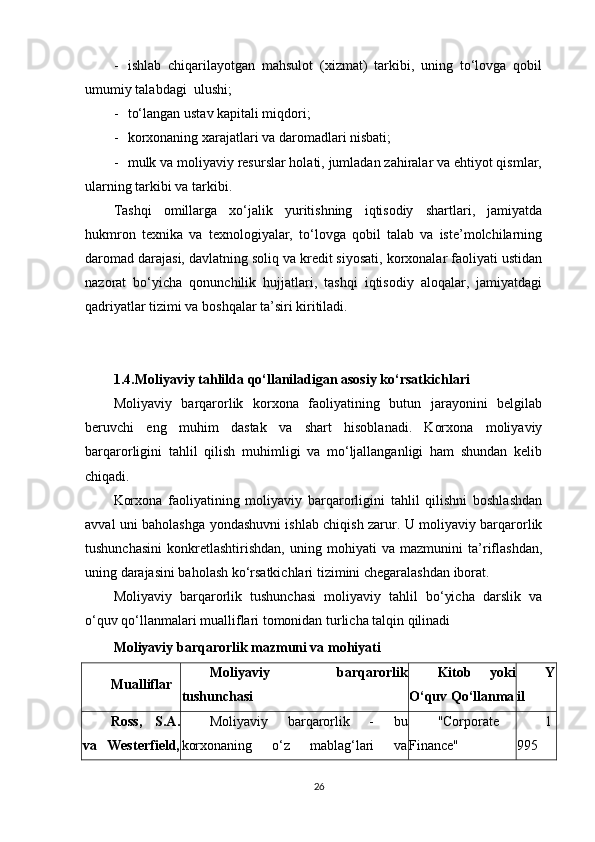 - ishlab   chiqarilayotgan   mahsulot   (xizmat)   tarkibi,   uning   to‘lovga   qobil
umumiy talabdagi  ulushi; 
- to‘langan ustav kapitali miqdori; 
- korxonaning xarajatlari va daromadlari nisbati; 
- mulk va moliyaviy resurslar holati, jumladan zahiralar va ehtiyot qismlar,
ularning tarkibi va tarkibi.
Tashqi   omillarga   xo‘jalik   yuritishning   iqtisodiy   shartlari,   jamiyatda
hukmron   texnika   va   texnologiyalar,   to‘lovga   qobil   talab   va   iste’molchilarning
daromad darajasi, davlatning soliq va kredit siyosati, korxonalar faoliyati ustidan
nazorat   bo‘yicha   qonunchilik   hujjatlari,   tashqi   iqtisodiy   aloqalar,   jamiyatdagi
qadriyatlar tizimi va boshqalar ta’siri kiritiladi.
1.4. Moliyaviy tahlilda qo‘llaniladigan asosiy ko‘rsatkichlari
Moliyaviy   barqarorlik   korxona   faoliyatining   butun   jarayonini   belgilab
beruvchi   eng   muhim   dastak   va   shart   hisoblanadi.   Korxona   moliyaviy
barqarorligini   tahlil   qilish   muhimligi   va   mo‘ljallanganligi   ham   shundan   kelib
chiqadi. 
Korxona   faoliyatining   moliyaviy   barqarorligini   tahlil   qilishni   boshlashdan
avval uni baholashga yondashuvni ishlab chiqish zarur. U moliyaviy barqarorlik
tushunchasini   konkretlashtirishdan,   uning   mohiyati   va   mazmunini   ta’riflashdan,
uning darajasini baholash ko‘rsatkichlari tizimini chegaralashdan iborat.  
Moliyaviy   barqarorlik   tushunchasi   moliyaviy   tahlil   bo‘yicha   darslik   va
o‘quv qo‘llanmalari mualliflari tomonidan turlicha talqin qilinadi
Moliyaviy barqarorlik mazmuni va mohiyati
Mualliflar Moliyaviy   barqarorlik
tushunchasi Kitob   yoki
O‘quv Qo‘llanma Y
il
Ross,   S.A.
va   Westerfield, Moliyaviy   barqarorlik   -   bu
korxonaning   o‘z   mablag‘lari   va "Corporate
Finance" 1
995
26 