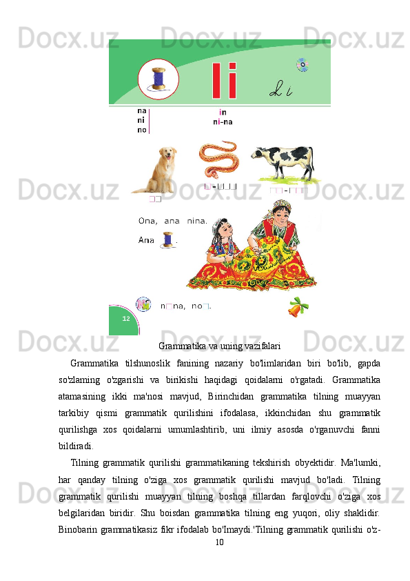 Grammatika va uning vazifalari
Grammatika   tilshunoslik   fanining   nazariy   bo'limlaridan   biri   bo'lib,   gapda
so'zlaming   o'zgarishi   va   birikishi   haqidagi   qoidalarni   o'rgatadi.   Grammatika
atamasining   ikki   ma'nosi   mavjud,   Birinchidan   grammatika   tilning   muayyan
tarkibiy   qismi   grammatik   qurilishini   ifodalasa,   ikkinchidan   shu   grammatik
qurilishga   xos   qoidalarni   umumlashtirib,   uni   ilmiy   asosda   o'rganuvchi   fanni
bildiradi.
Tilning   grammatik   qurilishi   grammatikaning   tekshirish   obyektidir.   Ma'lumki,
har   qanday   tilning   o'ziga   xos   grammatik   qurilishi   mavjud   bo'ladi.   Tilning
grammatik   qurilishi   muayyan   tilning   boshqa   tillardan   farqlovchi   o'ziga   xos
belgilaridan   biridir.   Shu   boisdan   grammatika   tilning   eng   yuqori,   oliy   shaklidir.
Binobarin grammatikasiz fikr ifodalab bo'Imaydi.'Tilning grammatik qurilishi o'z-
10 