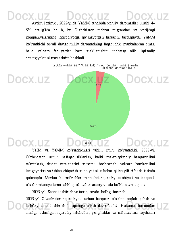 28Aytish   lozimki,   2022-yilda   YaMM   tarkibida   xorijiy   daromadlar   ulushi   4–
5%   oralig‘ida   bo‘lib,   bu   O‘zbekiston   mehnat   migrantlari   va   xorijdagi
kompaniyalarining   iqtisodiyotga   qo‘shayotgan   hissasini   tasdiqlaydi.   YaMM
ko‘rsatkichi   orqali   davlat   milliy   daromadning   faqat   ichki   manbalardan   emas,
balki   xalqaro   faoliyatdan   ham   shakllanishini   inobatga   olib,   iqtisodiy
strategiyalarini moslashtira boshladi.
YaIM   va   YaMM   ko‘rsatkichlari   tahlili   shuni   ko‘rsatadiki,   2022-yil
O‘zbekiston   uchun   nafaqat   tiklanish,   balki   makroiqtisodiy   barqarorlikni
ta’minlash,   davlat   xarajatlarini   samarali   boshqarish,   xalqaro   hamkorlikni
kengaytirish va ishlab chiqarish salohiyatini safarbar qilish yili sifatida tarixda
qolmoqda.   Mazkur   ko‘rsatkichlar   mamlakat   iqtisodiy   salohiyati   va   istiqbolli
o‘sish imkoniyatlarini tahlil qilish uchun asosiy vosita bo‘lib xizmat qiladi.
2023- yil: Sanoatlashtirish va tashqi savdo faolligi bosqich
2023-yil   O‘zbekiston   iqtisodiyoti   uchun   barqaror   o‘sishni   saqlab   qolish   va
tarkibiy   sanoatlashtirish   bosqichiga   o‘tish   davri   bo‘ldi.   Hukumat   tomonidan
amalga   oshirilgan   iqtisodiy   islohotlar,   yengilliklar   va   infratuzilma   loyihalari 