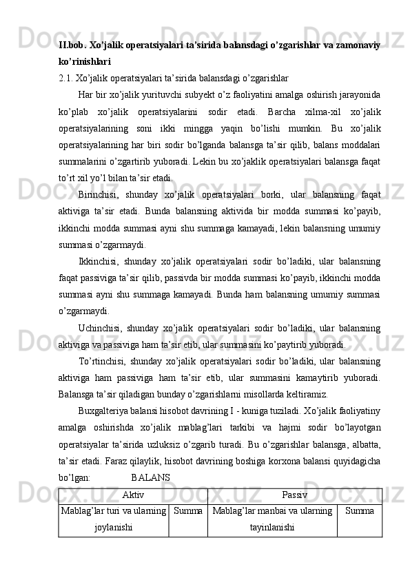 II.bob.  Х o’jalik operatsiyalari ta’sirida balansdagi o’zgarishlar va zamonaviy
ko’rinishlari
2.1.  Х o’jalik operatsiyalari ta’sirida balansdagi o’zgarishlar
Har   bir xo’jalik yurituvchi subyekt o’z faoliyatini amalga oshirish jarayonida
ko’plab   xo’jalik   operatsiyalarini   sodir   etadi.   Barcha   xilma-xil   xo’jalik
operatsiyalarining   soni   ikki   mingga   yaqin   bo’lishi   mumkin.   Bu   xo’jalik
operatsiyalarining   har   biri   sodir   bo’lganda   balansga   ta’sir   qilib,   balans   moddalari
summalarini o’zgartirib yuboradi. Lekin bu xo’jaklik operatsiyalari balansga faqat
to’rt xil yo’l bilan ta’sir etadi.
Birinchisi,   shunday   xo’jalik   operatsiyalari   borki,   ular   balansning   faqat
aktiviga   ta’sir   etadi.   Bunda   balansning   aktivida   bir   modda   summasi   ko’payib,
ikkinchi modda summasi  ayni shu summaga kamayadi, lekin balansning umumiy
summasi o’zgarmaydi.
Ikkinchisi,   shunday   xo’jalik   operatsiyalari   sodir   bo’ladiki,   ular   balansning
faqat passiviga ta’sir qilib, passivda bir modda summasi ko’payib, ikkinchi modda
summasi   ayni   shu  summaga   kamayadi.  Bunda   ham   balansning   umumiy  summasi
o’zgarmaydi.
Uchinchisi,   shunday   xo’jalik   operatsiyalari   sodir   bo’ladiki,   ular   balansning
aktiviga va passiviga ham ta’sir etib, ular summasini ko’paytirib yuboradi.
Тo’rtinchisi,   shunday   xo’jalik   operatsiyalari   sodir   bo’ladiki,   ular   balansning
aktiviga   ham   passiviga   ham   ta’sir   etib,   ular   summasini   kamaytirib   yuboradi.
Balansga ta’sir qiladigan bunday o’zgarishlarni misollarda keltiramiz.
Buxgalteriya balansi hisobot davrining I - kuniga tuziladi. Хo’jalik faoliyatiny
amalga   oshirishda   xo’jalik   mablag’lari   tarkibi   va   hajmi   sodir   bo’layotgan
operatsiyalar   ta’sirida   uzluksiz   o’zgarib   turadi.   Bu   o’zgarishlar   balansga,   albatta,
ta’sir etadi. Faraz qilaylik, hisobot davrining boshiga korxona balansi quyidagicha
bo’lgan:                 BALANS
Ak t iv Passiv
Mablag’lar turi va ularning
joylanishi Summa Mablag’lar manbai va ularning
tayinlanishi Summa