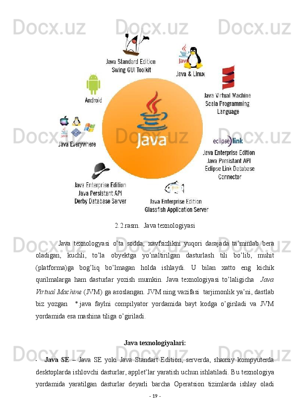 2.2.rasm.  Java texnologiyasi 
              Java   texnologyasi   o’ta   sodda,   xavfsizlikni   yuqori   darajada   ta’minlab   bera
oladigan,   kuchli,   to’la   obyektga   yo’naltirilgan   dasturlash   tili   bo’lib,   muhit
(platforma)ga   bog’liq   bo’lmagan   holda   ishlaydi.   U   bilan   xatto   eng   kichik
qurilmalarga   ham   dasturlar   yozish   mumkin.   Java   texnologiyasi   to’laligicha     Java
Virtual Machine  (JVM) ga asoslangan. JVM ning vazifasi   tarjimonlik ya’ni, dastlab
biz   yozgan     *.java   faylni   compilyator   yordamida   bayt   kodga   o’giriladi   va   JVM
yordamida esa mashina tiliga o’giriladi. 
                       
Java texnologiyalari:  
• Java   SE   –   Java   SE   yoki   Java   Standart   Edition,   serverda,   shaxsiy   kompyuterda
desktoplarda ishlovchi dasturlar, applet’lar yaratish uchun ishlatiladi. Bu texnologiya
yordamida   yaratilgan   dasturlar   deyarli   barcha   Operatsion   tizimlarda   ishlay   oladi
-  19  -  