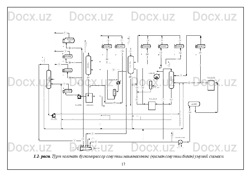 1.2-  расм .   Тўрт поғонали буғкомпрессор совутиш машинасининг (қисман совутиш билан) умумий схемаси .
17