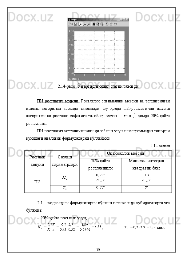 2.14-расм.  Ўзгартиргичнинг  статик  тавсифи
ПИ   ростлагич   модели.   Ростлагич   оптималлик   мезони   ва   топширилган
ишлаш   алгоритми   асосида   танланади.   Бу   ҳолда   ПИ-ростлагични   ишлаш
алгоритми   ва   ростлаш   сифатига   талаблар   мезон   –     min    ,   ҳамда   20%-қайта
ростланиш.
ПИ ростлагич катталикларини ҳисоблаш учун номограммадан ташқари
қуйидаги аналитик формулаларни қўллаймиз: 
2.1  - жадвал
Ростлаш
қонуни Созлаш
параметрлари Оптималлик мезони
20% қайта
ростланишли Минимал интеграл
квадратик баҳо
ПИ
2.1 – жадвалдаги формулаларни қўллаш натижасида қуйидагиларга эга
бўламиз: 
– 20% қайта ростлаш учун;
;  мин.
39