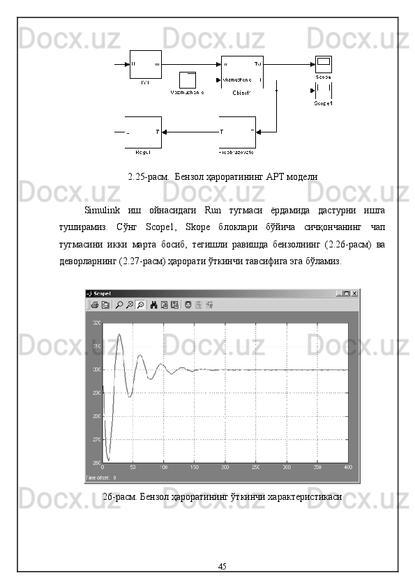2.25-расм.   Бензол ҳароратининг  АРТ модели
Simulink   иш   ойнасидаги   Run   тугмаси   ёрдамида   дастурни   ишга
туширамиз.   Сўнг   Scope1,   Skope   блоклари   бўйича   сичқончанинг   чап
тугмасини   икки   марта   босиб,   тегишли   равишда   бензолнинг   (2.26-расм)   ва
деворларнинг (2.27-расм) ҳарорати ўткинчи тавсифига эга бўламиз. 
26-расм.  Бензол ҳароратининг ўткинчи  характеристикаси
45 