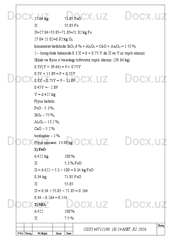 O’ lch
Va raq №  Hujjat Imzo Sana Va raq
ODTI 60712100. 1K-24 МЕТ.  KI . 202627.04 kg 71.85 FeO
X 55.85 Fe
X=27.04×55.85÷71.85=21.02 kg Fe
27.04-21.02=6.02 kg O
2
konsentrat tarkibida SiO
2  6 % + Al
2 O
3  + CaO + As
2 O
2  = 1.55 %
2 – bosqichda balansda 0.3 X = 6 + 0.75 Y da X va Y ni topib olamiz.
Shlak va flyus o’rtasidagi tofovutni topib olamiz. (39.64 kg)
0.3Y(Y + 39.64) = 9 + 0.75Y
0.3Y + 11.89 = 9 + 0.75Y
0.3Y – 0.75Y = 9 – 11.89 
0.45Y = - 2.89
Y = 6.422 kg
Flyus tarkibi:
FeO - 5.3 %,
SiO
2  – 75 %,
Al
2 O
3  – 13.2 %,
CaO – 5.2 % 
boshqalar – 1 %.
Flyus massasi: 13.09 kg
1)   FeO
6.422 kg 100 %
X 5.3 % FeO
X = 6.422 × 5.3 ÷ 100 = 0.34 kg FeO
0.34 kg 71.85 FeO
X 55.85
X = 0.34 × 55.85 ÷ 71.85 = 0.264
0.34 – 0.264 = 0.154
2)   SiO
2
6.422 100 %
X 7.5 %  