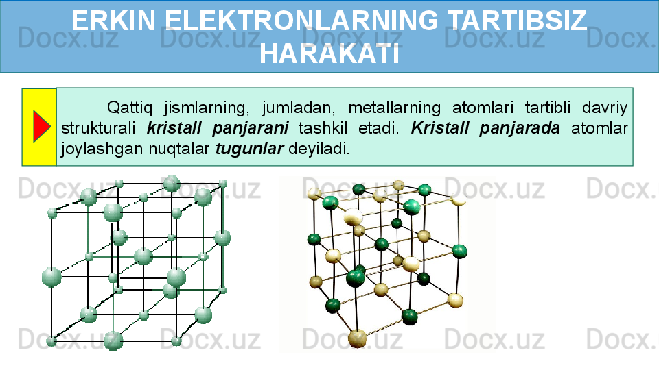 ERKIN ELEKTRONLARNING TARTIBSIZ 
HARAKATI
        Qattiq  jismlarning,  jumladan,  metallarning  atomlari  tartibli  davriy 
strukturali  kristall  panjarani  tashkil  etadi.  Kristall  panjarada   atomlar 
joylashgan nuqtalar  tugunlar  deyiladi. 