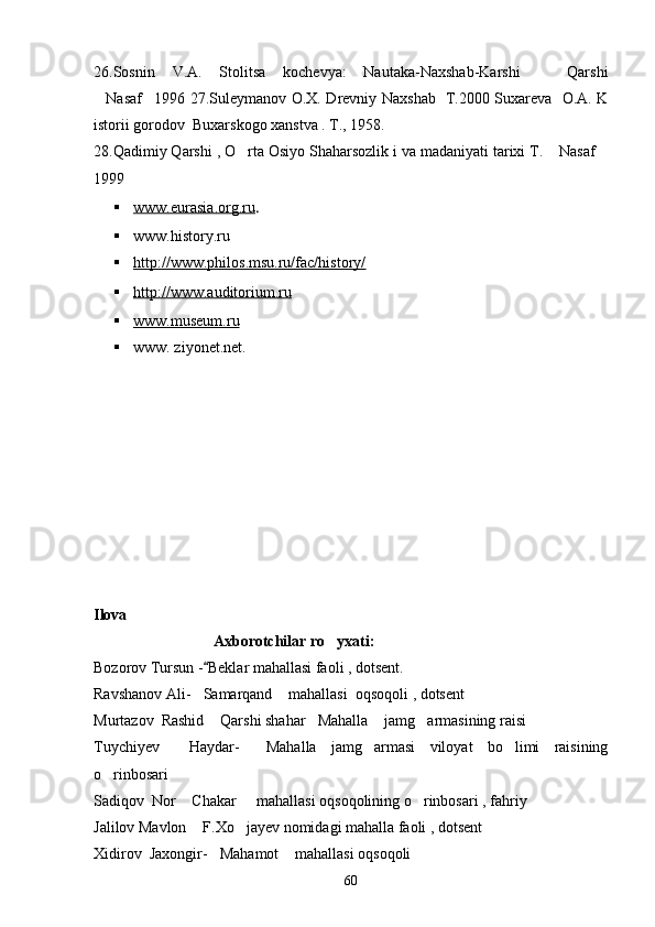 26.Sosnin   V.A.   Stolitsa   kochevya:   Nautaka-Naxshab-Karshi     Qarshi
Nasaf 1996 27.Suleymanov O.X. Drevniy Naxshab   T.2000 Suxareva   O.A. K	
 
istorii gorodov  Buxarskogo xanstva . T., 1958.
28.Qadimiy Qarshi , O rta Osiyo Shaharsozlik i va madaniyati tarixi T.  Nasaf	
  
1999
 www.eurasia.org.ru    .
 www.history.ru   
 http://www.philos.msu.ru/fac/history/   
 http://www.auditorium.ru     
 www.museum.ru   
 www. ziyonet.net.
Ilova
                               Axborotchilar ro yxati:	

Bozorov Tursun - Beklar mahallasi faoli , dotsent.	

Ravshanov Ali- Samarqand  mahallasi  oqsoqoli , dotsent	
 
Murtazov  Rashid  Qarshi shahar Mahalla  jamg armasining raisi	
   
Tuychiyev     Haydar-   Mahalla   jamg armasi   viloyat   bo limi   raisining	
  
o rinbosari	
 
Sadiqov  Nor  Chakar   mahallasi oqsoqolining o rinbosari , fahriy	
  
Jalilov Mavlon  F.Xo jayev nomidagi mahalla faoli , dotsent 
 
Xidirov  Jaxongir- Mahamot  mahallasi oqsoqoli	
 
60 