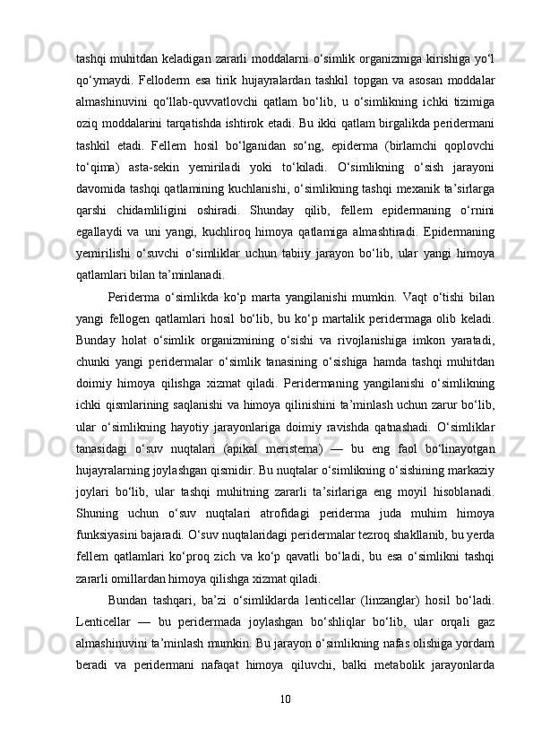 tashqi  muhitdan keladigan  zararli  moddalarni  o‘simlik organizmiga kirishiga yo‘l
qo‘ymaydi.   Felloderm   esa   tirik   hujayralardan   tashkil   topgan   va   asosan   moddalar
almashinuvini   qo‘llab-quvvatlovchi   qatlam   bo‘lib,   u   o‘simlikning   ichki   tizimiga
oziq moddalarini tarqatishda ishtirok etadi. Bu ikki qatlam birgalikda peridermani
tashkil   etadi.   Fellem   hosil   bo‘lganidan   so‘ng,   epiderma   (birlamchi   qoplovchi
to‘qima)   asta-sekin   yemiriladi   yoki   to‘kiladi.   O‘simlikning   o‘sish   jarayoni
davomida tashqi  qatlamining kuchlanishi, o‘simlikning tashqi  mexanik ta’sirlarga
qarshi   chidamliligini   oshiradi.   Shunday   qilib,   fellem   epidermaning   o‘rnini
egallaydi   va   uni   yangi,   kuchliroq   himoya   qatlamiga   almashtiradi.   Epidermaning
yemirilishi   o‘suvchi   o‘simliklar   uchun   tabiiy   jarayon   bo‘lib,   ular   yangi   himoya
qatlamlari bilan ta’minlanadi.
Periderma   o‘simlikda   ko‘p   marta   yangilanishi   mumkin.   Vaqt   o‘tishi   bilan
yangi   fellogen   qatlamlari   hosil   bo‘lib,   bu   ko‘p   martalik   peridermaga   olib   keladi.
Bunday   holat   o‘simlik   organizmining   o‘sishi   va   rivojlanishiga   imkon   yaratadi,
chunki   yangi   peridermalar   o‘simlik   tanasining   o‘sishiga   hamda   tashqi   muhitdan
doimiy   himoya   qilishga   xizmat   qiladi.   Peridermaning   yangilanishi   o‘simlikning
ichki qismlarining saqlanishi va himoya qilinishini ta’minlash uchun zarur bo‘lib,
ular   o‘simlikning   hayotiy   jarayonlariga   doimiy   ravishda   qatnashadi.   O‘simliklar
tanasidagi   o‘suv   nuqtalari   (apikal   meristema)   —   bu   eng   faol   bo‘linayotgan
hujayralarning joylashgan qismidir. Bu nuqtalar o‘simlikning o‘sishining markaziy
joylari   bo‘lib,   ular   tashqi   muhitning   zararli   ta’sirlariga   eng   moyil   hisoblanadi.
Shuning   uchun   o‘suv   nuqtalari   atrofidagi   periderma   juda   muhim   himoya
funksiyasini bajaradi. O‘suv nuqtalaridagi peridermalar tezroq shakllanib, bu yerda
fellem   qatlamlari   ko‘proq   zich   va   ko‘p   qavatli   bo‘ladi,   bu   esa   o‘simlikni   tashqi
zararli omillardan himoya qilishga xizmat qiladi.
Bundan   tashqari,   ba’zi   o‘simliklarda   lenticellar   (linzanglar)   hosil   bo‘ladi.
Lenticellar   —   bu   peridermada   joylashgan   bo‘shliqlar   bo‘lib,   ular   orqali   gaz
almashinuvini ta’minlash mumkin. Bu jarayon o‘simlikning nafas olishiga yordam
beradi   va   peridermani   nafaqat   himoya   qiluvchi,   balki   metabolik   jarayonlarda
10 