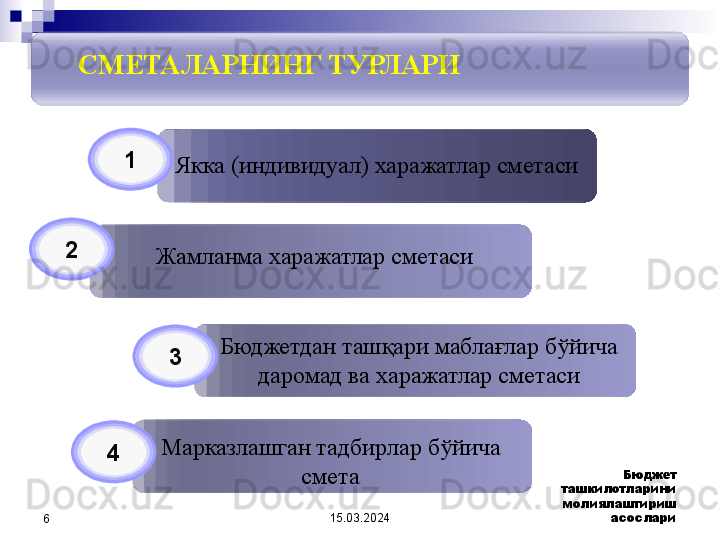 15.03.2024 Бюджет 
ташкилотларини 
молиялаштириш 
асослари
6 Якка (индивидуал) харажатлар сметаси
Жамланма харажатлар сметаси1
2 СМЕТАЛАРНИНГ ТУРЛАРИ
Бюджетдан ташқари маблағлар бўйича 
даромад ва харажатлар сметаси3
Марказлашган тадбирлар бўйича 
смета4                 