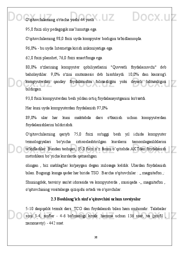 O'qituvchilarning o'rtacha yoshi 44 yosh
95,0 foizi oliy pedagogik ma’lumotga ega.
O'qituvchilarning 98,0 foizi uyda kompyuter borligini ta'kidlamoqda.
96,0% - bu uyda Internetga kirish imkoniyatiga ega.
62,0 foizi planshet, 76,0 foizi smartfonga ega.
80,0%   o'zlarining   kompyuter   qobiliyatlarini   "Quvvatli   foydalanuvchi"   deb
baholaydilar.   9,0%   o'zini   mutaxassis   deb   hisoblaydi.   10,0%   dan   kamrog'i
kompyuterdan   qanday   foydalanishni   bilmasligini   yoki   deyarli   bilmasligini
bildirgan.
93,0 foizi kompyuterdan besh yildan ortiq foydalanayotganini ko'rsatdi.
Har kuni uyda kompyuterdan foydalanish 97,0%
89,0%   ular   har   kuni   maktabda   dars   o'tkazish   uchun   kompyuterdan
foydalanishlarini bildirishdi.
O'qituvchilarning   qariyb   75,0   foizi   so'nggi   besh   yil   ichida   kompyuter
texnologiyalari   bo'yicha   ixtisoslashtirilgan   kurslarni   tamomlaganliklarini
ta'kidladilar. Bundan tashqari, 35,0 foizi o‘z fanini o‘qitishda AKTdan foydalanish
metodikasi bo‘yicha kurslarda qatnashgan.
olingan   ,   biz   mablag'lar   ko'paygan   degan   xulosaga   keldik.   Ulardan   foydalanish
bilan. Bugungi kunga qadar har birida TSO . Barcha o'qituvchilar : ,, magnitafon ,:
Shuningdek, tasviriy san'at idorasida va kompyuterda , musiqada -,, magnitafon ,.
o'qituvchining vositalarga qiziqishi ortadi va o'quvchilar.
2.3   Boshlang'ich sinf o'qituvchisi uchun tavsiyalar
5-10   daqiqalik   texnik   dars.   TCO   dan   foydalanish   bilan   ham   muhimdir.   Talabalar
soni   3-4,   sinflar   -   4-6   bo'lmasligi   kerak.   hamma   uchun   136   soat,   va   (profil   ,
zamonaviy) - 442 soat.
38 