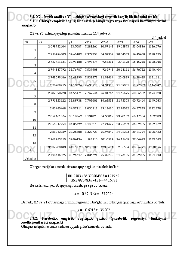 3.3. X2 – kirish omili va Y1 – chiqish o’rtasidagi empirik bog’liqlik ifodasini topish 
3.3.1. Chiziqli empirik bog’liqlik qurish (chiziqli regressiya funksiyasi koeffisiyentlarini
aniqlash)
X2 va Y1 uchun quyidagi jadvalni tuzamiz (2.4-jadval): 
2.4-jadval
№ x2 y1 x2^2 x2*y1 x2^3 x2^4 y^2
1 2.698752604 33.7087 7.283266 90.97143 19.65573 53.04596 1136.276
2 2.716496803 34.61409 7.379355 94.02907 20.04599 54.45488 1198.135
3 2.737421131 33.91188 7.493474 92.8311 20.5128 56.15216 1150.016
4 2.744887792 33.76987 7.534409 92.6945 20.68111 56.76732 1140.404
5 2.745099686 33.48299 7.535572 91.91414 20.6859 56.78485 1121.111
6 2.76288215 34.13824 7.633518 94.31995 21.09051 58.27059 1165.42
7 2.787390228 34.55471 7.769544 96.31746 21.65675 60.36582 1194.028
8 2.791523122 33.89738 7.792601 94.62533 21.75323 60.72464 1149.033
9 2.83480468 34.97111 8.036118 99.13626 22.78082 64.57919 1222.978
10 2.852161076 33.16369 8.134823 94.58819 23.20182 66.17534 1099.83
11 2.854517954 34.05699 8.148273 97.21629 23.25939 66.39435 1159.879
12 2.88543369 33.26308 8.325728 95.97842 24.02333 69.31774 1106.433
13 2.968433915 34.04436 8.8116 101.0584 26.15665 77.64429 1159.019
∑ 36.37980483 441.5771 101.8783 1235.681 285.504 800.6771 15002.56
o'rtacha 2.798446525 33.96747 7.836791 95.05235 21.96185 61.59055 1154.043
.
Olingan natijalar asosida sistema quyidagi ko’rinishda bo’ladi:{
101.8783 + 36.37980483 b = 1235.681
36.37980483 a + 13 b = 441.5771
Bu sistemani yechib quyidagi ildizlarga ega bo’lamiz: 	
a=−0.6913	;b=+35.902	;
Demak, X2 va Y1 o’rtasidagi chiziqli regression bo’gliqlik funksiyasi quyidagi ko’rinishda bo’ladi:
y = − 0.6913 x + 35.902
3.3.2.   Parabolik   empirik   bog’liqlik   qurish   (parabolik   regressiya   funksiyasi
koeffisiyentlarini aniqlash)
Olingan natijalar asosida sistema quyidagi ko’rinishda bo’ladi: