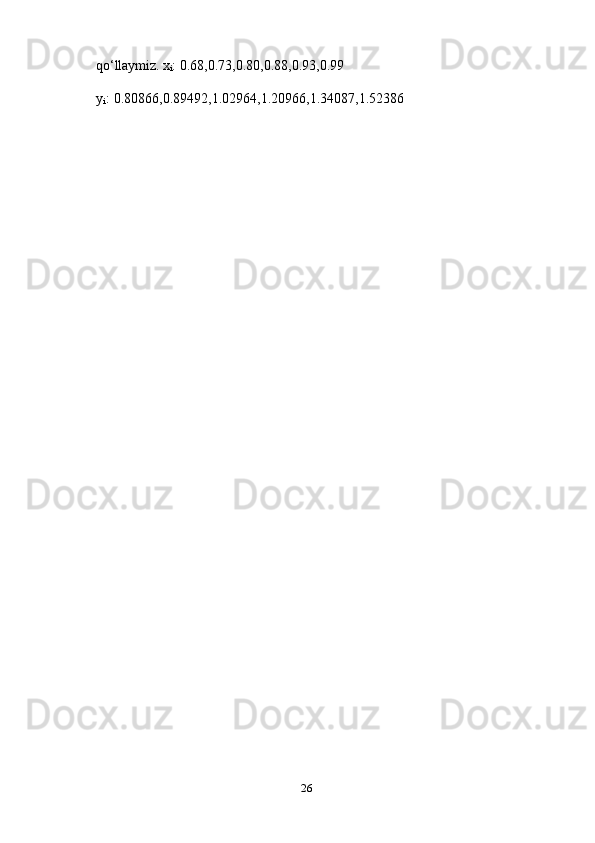26qo‘llaymiz.   x
i : 0.68,0.73,0.80,0.88,0.93,0.99
y
i :   0.80866,0.89492,1.02964,1.20966,1.34087,1.52386 