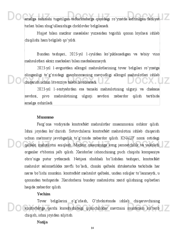 amalga   oshirishi   tugatilgan   tadbirkorlarga   quyidagi   ro’yxatda   keltirilgan   faoliyat
turlari bilan shug’ullanishiga cheklovlar belgilanadi.
Hujjat   bilan   mazkur   masalalar   yuzasidan   tegishli   qonun   loyihasi   ishlab
chiqilishi ham belgilab qo’yildi.
 
Bundan   tashqari,   2023-yil   1-iyuldan   ko’piklanadigan   va   tabiiy   vino
mahsulotlari aksiz markalari bilan markalanmaydi.
2023-yil   1-avgustdan   alkogol   mahsulotlarining   tovar   belgilari   ro’yxatga
olinganligi   to’g’risidagi   guvohnomaning   mavjudligi   alkogol   mahsulotlari   ishlab
chiqarish uchun litsenziya talabi hisoblanadi.
2023-yil   1-sentyabrdan   esa   tamaki   mahsulotining   ulgurji   va   chakana
savdosi,   pivo   mahsulotining   ulgurji   savdosi   xabardor   qilish   tartibida
amalga   oshiriladi 
Muammo
Farg’ona   vodiysida   kontrafakt   mahsulotlar   muammosini   oshkor   qilish.
Ishni   joyidan   ko’chirish.   Sotuvchilarni   kontrafakt   mahsulotini   ishlab   chiqarish
uchun   ma'muriy   javobgarlik   to’g’risida   xabardor   qilish.   KNAUF   nomi   ostidagi
qalbaki   mahsulotni   aniqlash.   Mazkur   muammoga   keng   jamoatchilik   va   vakolatli
organlar   e'tiborini   jalb   qilish.   Xaridorlar   ishonchining   puch   chiqishi   kompaniya
obro’siga   putur   yetkazadi.   Natijasi   shubhali   bo’lishdan   tashqari,   kontrafakt
mahsulot   salomatlikka   xavfli   bo’ladi,   chunki   qalbaki   shtukaturka   tarkibida   har
narsa bo’lishi mumkin. kontrafakt mahsulot qalbaki, undan soliqlar to’lanmaydi, u
qonundan   tashqarida.   Xaridorlarni   bunday   mahsulotni   xarid   qilishning   oqibatlari
haqida xabardor qilish.
Yechim
Tovar   belgilarini   o’g’irlash,   O’zbekistonda   ishlab   chiqaruvchining
kontrafaktga   qarshi   kurashishidagi   qiyinchiliklar   mavzuini   muntazam   ko’tarib
chiqish, ishni joyidan siljitish.
Natija
14 