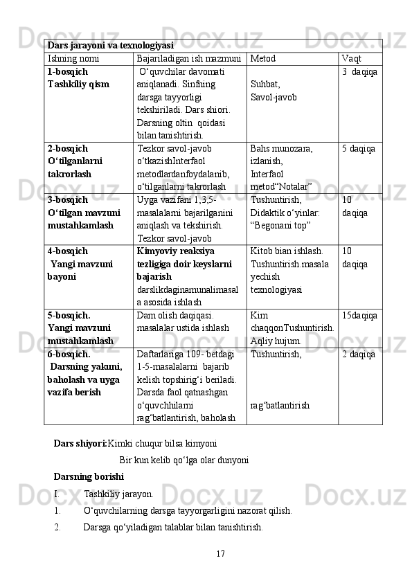 Dars jarayoni va texnologiyasi
Ishning nomi  Bajariladigan ish mazmuni Metod Vaqt
1-bosqich
Tashkiliy qism  O‘quvchilar davomati 
aniqlanadi. Sinfning 
darsga tayyorligi 
tekshiriladi.  Dars shiori. 
Darsning oltin  qoidasi 
bilan tanishtirish.  Suhbat,
Savol-javob 3  daqiqa
2-bosqich
O‘tilganlarni 
takrorlash  Tezkor savol-javob 
o‘tkazishInterfaol 
metodlardanfoydalanib, 
o‘tilganlarni takrorlash Bahs m unozara, 
izlanish,
Interfaol 
metod“Notalar” 5 daqiqa
3-bosqich 
O‘tilgan mavzuni 
mustahkamlash Uyga vazifani 1,3,5-
masalalarni bajarilganini 
aniqlash va tekshirish. 
Tezkor savol-javob Tushuntirish, 
Didaktik o‘yinlar: 
“Begonani top” 10 
daqiqa
4-bosqich
 Yangi mavzuni 
bayoni Kimyoviy reaksiya 
tezligiga doir keyslarni 
bajarish 
darslikdaginamunalimasal
a asosida ishlash Kitob bian ishlash. 
Tushuntirish.masala 
yechish 
texnologiyasi 10 
daqiqa
5-bosqich. 
Yangi mavzuni 
mustahkamlash Dam olish daqiqasi.  
masalalar ustida ishlash Kim 
cha qq onTushuntirish.
Aqliy hujum. 15daqiqa
6- bosqich .
  Darsning   yakuni , 
baholash   va   uyga  
vazifa   berish Daftarlariga 109- betdagi 
1-5-masalalarni  bajarib 
kelish topshirig‘i beriladi. 
Darsda   faol   qatnashgan  
o‘quvchhilarni  
r ag‘batlantirish ,  baholash Tushuntirish, 
rag batlantirishʻ 2 daqiqa
Dars shiyori: Kimki chuqur bilsa kimyoni
                           Bir kun kelib qo‘lga olar dunyoni
Darsning borishi
I. Tashkiliy jarayon.
1. O‘quvchilarning darsga tayyorgarligini nazorat qilish.
2. Darsga qo‘yiladigan talablar bilan tanishtirish.
17 