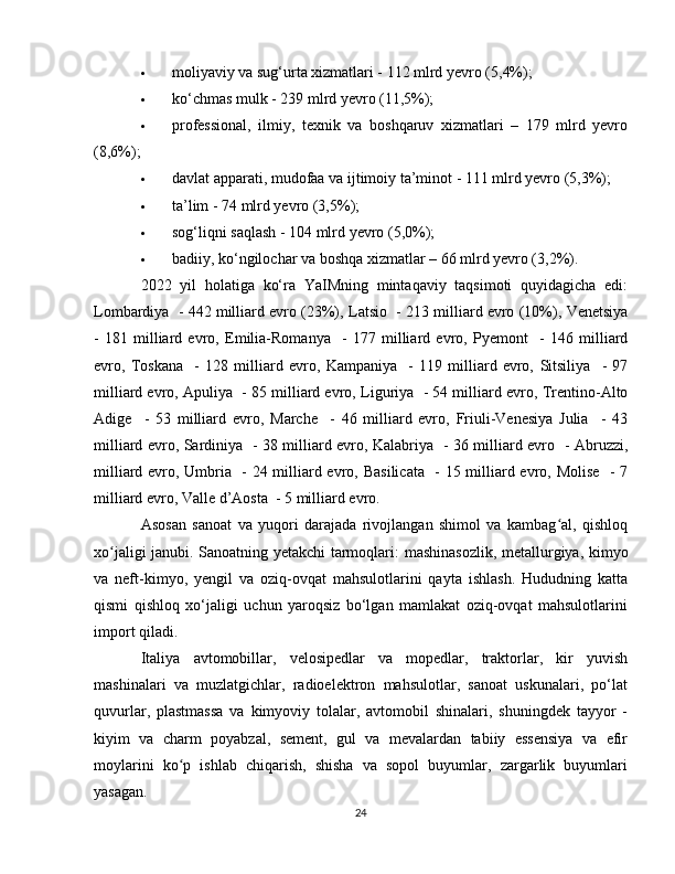  moliyaviy va sug‘urta xizmatlari - 112 mlrd yevro (5,4%);
 ko‘chmas mulk - 239 mlrd yevro (11,5%);
 professional,   ilmiy,   texnik   va   boshqaruv   xizmatlari   –   179   mlrd   yevro
(8,6%);
 davlat apparati, mudofaa va ijtimoiy ta’minot - 111 mlrd yevro (5,3%);
 ta’lim - 74 mlrd yevro (3,5%);
 sog‘liqni saqlash - 104 mlrd yevro (5,0%);
 badiiy, ko‘ngilochar va boshqa xizmatlar – 66 mlrd yevro (3,2%).
2022   yil   holatiga   ko‘ra   YaIMning   mintaqaviy   taqsimoti   quyidagicha   edi:
Lombardiya    - 442 milliard evro (23%),  Latsio    - 213 milliard evro (10%),  Venetsiya
-   181   milliard   evro,   Emilia-Romanya     -   177   milliard   evro,   Pyemont     -   146   milliard
evro,   Toskana     -   128   milliard   evro,   Kampaniya     -   119   milliard   evro,   Sitsiliya     -   97
milliard evro,  Apuliya    - 85 milliard evro,  Liguriya    - 54 milliard evro,  Trentino-Alto
Adige     -   53   milliard   evro,   Marche     -   46   milliard   evro,   Friuli-Venesiya   Julia     -   43
milliard evro,   Sardiniya    - 38 milliard evro,   Kalabriya    - 36 milliard evro   -   Abruzzi ,
milliard evro,   Umbria    - 24 milliard evro,   Basilicata    - 15 milliard evro,   Molise    - 7
milliard evro,  Valle d’Aosta   - 5 milliard evro.
Asosan   sanoat   va   yuqori   darajada   rivojlangan   shimol   va   kambag al,   qishloqʻ
xo jaligi janubi. Sanoatning yetakchi tarmoqlari:  	
ʻ mashinasozlik ,   metallurgiya , kimyo
va   neft-kimyo,   yengil   va   oziq-ovqat   mahsulotlarini   qayta   ishlash.   Hududning   katta
qismi   qishloq   xo‘jaligi   uchun   yaroqsiz   bo‘lgan   mamlakat   oziq-ovqat   mahsulotlarini
import qiladi.
Italiya   avtomobillar,   velosipedlar   va   mopedlar,   traktorlar ,   kir   yuvish
mashinalari   va   muzlatgichlar,   radioelektron   mahsulotlar,   sanoat   uskunalari,   po‘lat
quvurlar,   plastmassa   va   kimyoviy   tolalar,   avtomobil   shinalari,   shuningdek   tayyor   -
kiyim   va   charm   poyabzal,   sement,   gul   va   mevalardan   tabiiy   essensiya   va   efir
moylarini   ko p   ishlab   chiqarish,   shisha   va   sopol   buyumlar,   zargarlik   buyumlari	
ʻ
yasagan.
24 