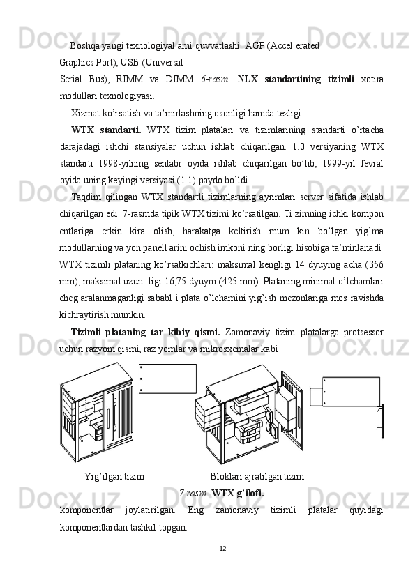 Boshqa yangi texnologiyal arni quvvatlashi: AGP (Accel erated 
Graphics Port), USB (Universal 
Serial   Bus),   RIMM   va   DIMM   6-rasm.   NLX   standartining   tizimli   xotira
modullari texnologiyasi.
Xizmat ko’rsatish va ta’mirlashning osonligi hamda tezligi.
WTX   standarti.   WTX   tizim   platalari   va   tizimlarining   standarti   o’rtacha
darajadagi   ishchi   stansiyalar   uchun   ishlab   chiqarilgan.   1.0   versiyaning   WTX
standarti   1998-yilning   sentabr   oyida   ishlab   chiqarilgan   bo’lib,   1999-yil   fevral
oyida uning keyingi versiyasi (1.1) paydo bo’ldi.
Taqdim   qilingan   WTX   standartli   tizimlarning   ayrimlari   server   sifatida   ishlab
chiqarilgan edi. 7-rasmda tipik WTX tizimi ko’rsatilgan. Ti zimning ichki kompon
entlariga   erkin   kira   olish,   harakatga   keltirish   mum   kin   bo’lgan   yig’ma
modullarning va yon panell arini ochish imkoni ning borligi hisobiga ta’minlanadi.
WTX   tizimli   plataning   ko’rsatkichlari:   maksimal   kengligi   14   dyuymg   acha   (356
mm), maksimal uzun- ligi 16,75 dyuym (425 mm). Plataning minimal o’lchamlari
cheg aralanmaganligi sababl  i plata o’lchamini  yig’ish mezonlariga mos ravishda
kichraytirish mumkin.
Tizimli   plataning   tar   kibiy   qismi.   Zamonaviy   tizim   platalarga   protsessor
uchun razyom qismi, raz yomlar va mikrosxemalar kabi 
Yig’ilgan tizim                       Bloklari ajratilgan tizim
7-rasm.  WTX g’ilofi.
komponentlar   joylatirilgan.   Eng   zamonaviy   tizimli   platalar   quyidagi
komponentlardan tashkil topgan:
12 