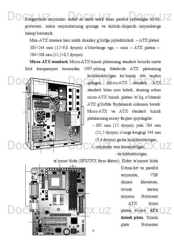Kengaytirish   razyomlari   nisbat   an   kalta   tarafi   bilan   parallel   joylashgan   bo’lib,
protsessor,   xotira   razyomlarining   qismiga   va   kiritish-chiqarish   razyomlariga
halaqit bermaydi.
Mini-ATX sxemasi ham xuddi shunday g’ilofga joylashtiriladi: – ATX platasi
305×244   mm   (12×9,6   dyuym)   o’lchovlarga   ega;   –   mini   –   ATX   platasi   –
284×208 mm (11,2×8,2 dyuym).
Micro-ATX standarti.   Micro-ATX tizimli platasining standarti birinchi marta
Intel   kompaniyasi   tomonidan   1997-yilning   dekabrida   ATX   platasining
kichiklashtirilgan   ko’rinishi   deb   taqdim
qilingan.   Micro-ATX   standarti   ATX
standarti   bilan   mos   keladi,   shuning   uchun
micro-ATX   tizimli   platani   to’liq   o’lchamli
ATX   g’ilofida   foydalanish   imkonini   beradi.
Micro-ATX   va   ATX   standarti   tizimli
platalarining asosiy farqlari quyidagilar:
– 305   mm   (12   dyuym)   yoki   284   mm
(11,2 dyuym) o’rniga kengligi 244 mm
(9,6 dyuym) gacha kichiklashtirilgan;
– razyomlar soni kamaytirilgan;
– kichiklashtirilgan
ta’minot  bloki (SFX/TFX form-faktori). Elektr  ta’minoti  bloki
Ketma-ket   va   parallel
razyomlar,   VSB
shinasi   klaviatura,
tovush   kartasi
razyomi   Protsessor
ATX   tizimi
platasi   4-rasm.   ATX
tizimli   plata.   Tizimli
plata   Protsessor
9 