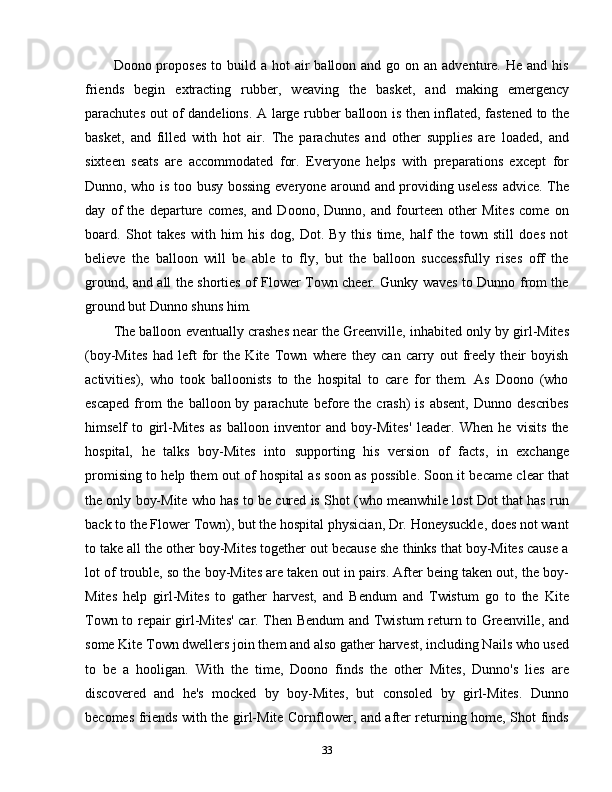 Doono proposes   to build a  hot  air   balloon and  go on  an adventure.  He  and his
friends   begin   extracting   rubber,   weaving   the   basket,   and   making   emergency
parachutes out of dandelions. A large rubber balloon is then inflated, fastened to the
basket,   and   filled   with   hot   air.   The   parachutes   and   other   supplies   are   loaded,   and
sixteen   seats   are   accommodated   for.   Everyone   helps   with   preparations   except   for
Dunno, who is too busy bossing everyone around and providing useless advice. The
day   of   the   departure   comes,   and   Doono,   Dunno,   and   fourteen   other   Mites   come   on
board.   Shot   takes   with   him   his   dog,   Dot.   By   this   time,   half   the   town   still   does   not
believe   the   balloon   will   be   able   to   fly,   but   the   balloon   successfully   rises   off   the
ground, and all the shorties of Flower Town cheer. Gunky waves to Dunno from the
ground but Dunno shuns him.
The balloon eventually crashes near the Greenville, inhabited only by girl-Mites
(boy-Mites   had   left   for   the   Kite   Town   where   they   can   carry   out   freely   their   boyish
activities),   who   took   balloonists   to   the   hospital   to   care   for   them.   As   Doono   (who
escaped  from  the  balloon by  parachute  before the  crash)  is  absent,   Dunno describes
himself   to   girl-Mites   as   balloon   inventor   and   boy-Mites'   leader.   When   he   visits   the
hospital,   he   talks   boy-Mites   into   supporting   his   version   of   facts,   in   exchange
promising to help them out of hospital as soon as possible. Soon it became clear that
the only boy-Mite who has to be cured is Shot (who meanwhile lost Dot that has run
back to the Flower Town), but the hospital physician, Dr. Honeysuckle, does not want
to take all the other boy-Mites together out because she thinks that boy-Mites cause a
lot of trouble, so the boy-Mites are taken out in pairs. After being taken out, the boy-
Mites   help   girl-Mites   to   gather   harvest,   and   Bendum   and   Twistum   go   to   the   Kite
Town to repair girl-Mites' car. Then Bendum and Twistum return to Greenville, and
some Kite Town dwellers join them and also gather harvest, including Nails who used
to   be   a   hooligan.   With   the   time,   Doono   finds   the   other   Mites,   Dunno's   lies   are
discovered   and   he's   mocked   by   boy-Mites,   but   consoled   by   girl-Mites.   Dunno
becomes friends with the girl-Mite Cornflower, and after returning home, Shot finds
33 