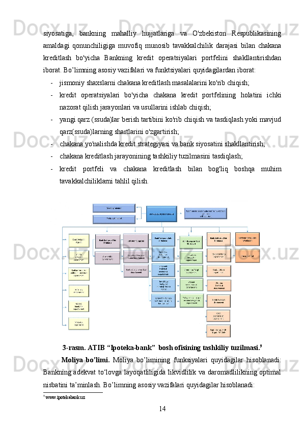 siyosatiga,   bankning   mahalliy   hujjatlariga   va   O'zbekiston   Respublikasining
amaldagi   qonunchiligiga   muvofiq   munosib   tavakkalchilik   darajasi   bilan   chakana
kreditlash   bo'yicha   Bankning   kredit   operatsiyalari   portfelini   shakllantirishdan
iborat. Bo’limning asosiy vazifalari va funktsiyalari quyidagilardan iborat:
- jismoniy shaxslarni chakana kreditlash masalalarini ko'rib chiqish;
- kredit   operatsiyalari   bo'yicha   chakana   kredit   portfelining   holatini   ichki
nazorat qilish jarayonlari va usullarini ishlab chiqish;
- yangi qarz (ssuda)lar berish tartibini ko'rib chiqish va tasdiqlash yoki mavjud
qarz(ssuda)larning shartlarini o'zgartirish;
- chakana yo'nalishda kredit strategiyasi va bank siyosatini shakllantirish;
- chakana kreditlash jarayonining tashkiliy tuzilmasini tasdiqlash;
- kredit   portfeli   va   chakana   kreditlash   bilan   bog'liq   boshqa   muhim
tavakkalchiliklarni tahlil qilish.
3-rasm. ATIB “Ipoteka-bank”  bosh ofisining tashkiliy tuzilmasi. 9
Moliya   bo’limi.   Moliya   bo’limining   funksiyalari   quyidagilar   hisoblanadi:
Bankning adekvat  to‘lovga layoqatliligida likvidlilik va daromadlilikning optimal
nisbatini ta’minlash. Bo’limning asosiy vazifalari quyidagilar hisoblanadi:
9
 www.ipotekabank.uz
14 
