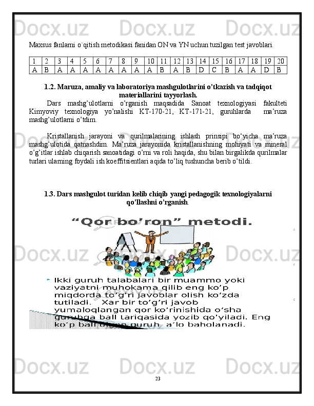Maxsus fanlarni o`qitish metodikasi fanidan ON va YN uchun tuzilgan test javoblari.
1 2 3 4 5 6 7 8 9 10 11 12 13 14 15 16 17 18 19 20
A B A A A A A A A A B A B D C B A A D B
1.2. Maruza, amaliy va laboratoriya mashgulotlarini o’tkazish va tadqiqot
materiallarini tayyorlash.
Dars   mashg’ulotlarni   o’rganish   maqsadida   Sanoat   texnologiyasi   fakulteti
Kimyoviy   texnologiya   yo’nalishi   KT-170-21,   KT-171-21,   guruhlarda     ma’ruza
mashg’ulotlarni o’tdim. 
Kristallanish   jarayoni   va   qurilmalarining   ishlash   prinsipi   bo‘yicha   ma’ruza
mashg’ulotida   qatnashdim.   Ma’ruza   jarayonida   kristallanishning   mohiyati   va   mineral
o’g’itlar ishlab chiqarish sanoatidagi o’rni va roli haqida, shu bilan birgalikda qurilmalar
turlari ularning foydali ish koeffitsientlari aqida to’liq tushuncha berib o’tildi. 
1.3. Dars mashgulot turidan kelib chiqib yangi pedagogik texnologiyalarni
qo’llashni o’rganish .
23 