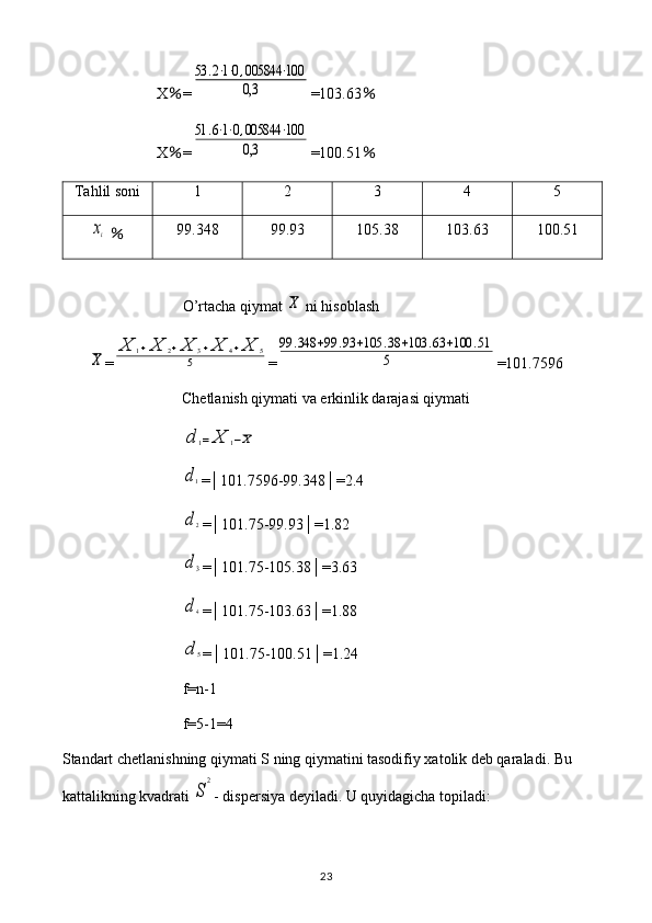 X ％ =53	.2⋅1⋅0,005844	⋅100	
0,3 =103.63 ％
X ％ =	
51	.6⋅1⋅0,005844	⋅100	
0,3 =100.51 ％
Tahlil soni 1 2 3 4 5	
xi
  ％ 99.348 99.93 105.38 103.63 100.51
O’rtacha qiymat 	
X  ni hisoblash	
X
=	
X	1+X	2+X	3+X	4+X	5	
5 =	
99	.348	+99	.93	+105	.38	+103	.63	+100	.51	
5 =101.7596
Chetlanish qiymati va erkinlik darajasi qiymati	
d	1=	X	1−X	
d1
=│101.7596-99.348│=2.4
d2
=│101.75-99.93│=1.82
d3
=│101.75-105.38│=3.63
d4
=│101.75-103.63│=1.88
d	5
=│101.75-100.51│=1.24
f=n-1
f=5-1=4
Standart chetlanishning qiymati S ning qiymatini tasodifiy xatolik deb qaraladi. Bu 
kattalikning kvadrati 
S	
2 - dispersiya deyiladi. U quyidagicha topiladi:
23 