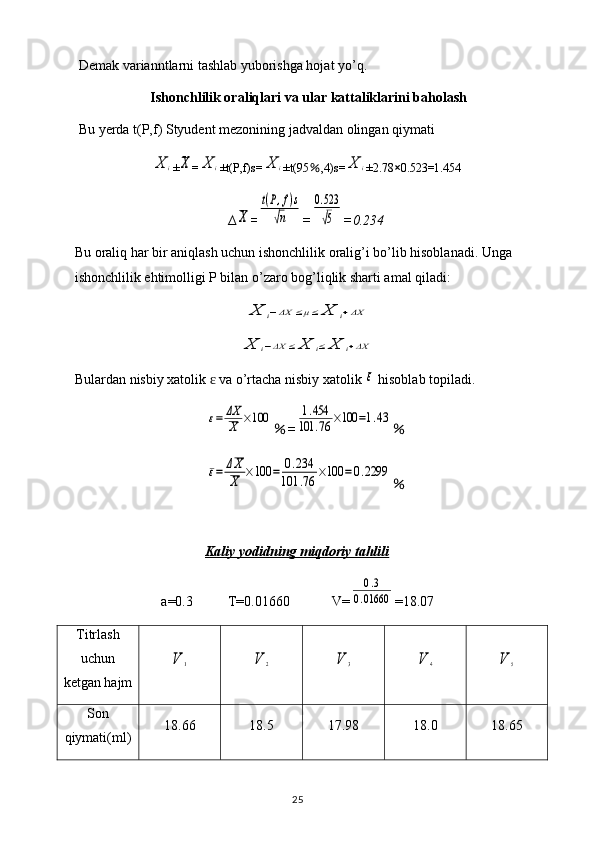 Demak varianntlarni tashlab yuborishga hojat yo’q.
Ishonchlilik oraliqlari va ular kattaliklarini baholash
Bu yerda t(P,f) Styudent mezonining jadvaldan olingan qiymati X	i
±	X =	X	i ±t(P,f)s=	X	i ±t(95 ％ ,4)s=	X	i ±2.78 × 0.523=1.454
∆	
X =	
t(P,f)s	
√n =	
0.523
√5 =0.234
Bu oraliq har bir aniqlash uchun ishonchlilik oralig’i bo’lib hisoblanadi. Unga 
ishonchlilik ehtimolligi P bilan o’zaro bog’liqlik sharti amal qiladi:	
X	i−ΔX	≤μ≤	X	i+ΔX	
X	i−ΔX	≤	X	i≤	X	i+ΔX
Bulardan nisbiy xatolik   va o’rtacha nisbiy xatolik 	
ɛ	ε  hisoblab topiladi.	
ε=	ΔX
X	×100
％ =	1.454	
101	.76	×100	=1.43 ％	
ε=	ΔX
X	×100	=	0.234	
101	.76	×100	=0.2299
％
Kaliy yodidning miqdoriy tahlili
a=0.3          T=0.01660            V=
0.3	
0.01660 =18.07
Titrlash
uchun
ketgan hajm	
V	1	V	2	V	3	V	4	V	5
Son
qiymati(ml) 18.66 18.5 17.98 18.0 18.65
25 