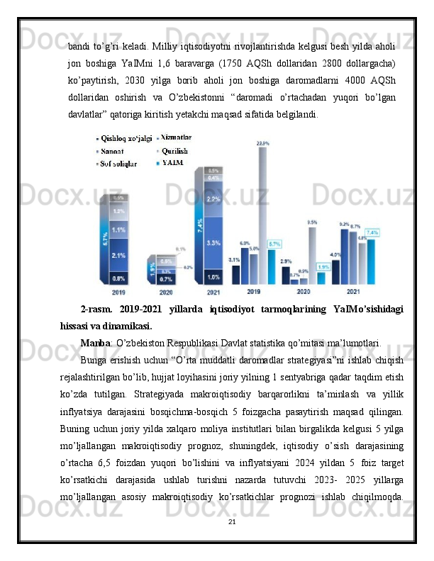 bandi   to’g’ri   keladi. Milliy iqtisodiyotni  rivojlantirishda  kelgusi  besh yilda aholi
jon   boshiga   YaIMni   1,6   baravarga   (1750   AQSh   dollaridan   2800   dollargacha)
ko’paytirish,   2030   yilga   borib   aholi   jon   boshiga   daromadlarni   4000   AQSh
dollaridan   oshirish   va   O’zbekistonni   “daromadi   o’rtachadan   yuqori   bo’lgan
davlatlar”   qatoriga   kiritish   yetakchi maqsad sifatida   belgilandi.
2-rasm.   2019-2021   yillarda   iqtisodiyot   tarmoqlarining   YaIMo’sishidagi
hissasi   va dinamikasi.
Manba :   O’zbekiston   Respublikasi   Davlat   statistika   qo’mitasi   ma’lumotlari.
Bunga   erishish   uchun   “O’rta   muddatli   daromadlar   strategiyasi”ni   ishlab   chiqish
rejalashtirilgan bo’lib, hujjat loyihasini joriy yilning 1 sentyabriga qadar   taqdim etish
ko’zda   tutilgan.   Strategiyada   makroiqtisodiy   barqarorlikni   ta’minlash   va   yillik
inflyatsiya   darajasini   bosqichma-bosqich   5   foizgacha   pasaytirish   maqsad   qilingan.
Buning   uchun   joriy   yilda   xalqaro   moliya   institutlari   bilan   birgalikda   kelgusi   5  yilga
mo’ljallangan   makroiqtisodiy   prognoz,   shuningdek,   iqtisodiy   o’sish   darajasining
o’rtacha   6,5   foizdan   yuqori   bo’lishini   va   inflyatsiyani   2024   yildan   5   foiz   target
ko’rsatkichi   darajasida   ushlab   turishni   nazarda   tutuvchi   2023-   2025   yillarga
mo’ljallangan   asosiy   makroiqtisodiy   ko’rsatkichlar   prognozi   ishlab   chiqilmoqda.
21 