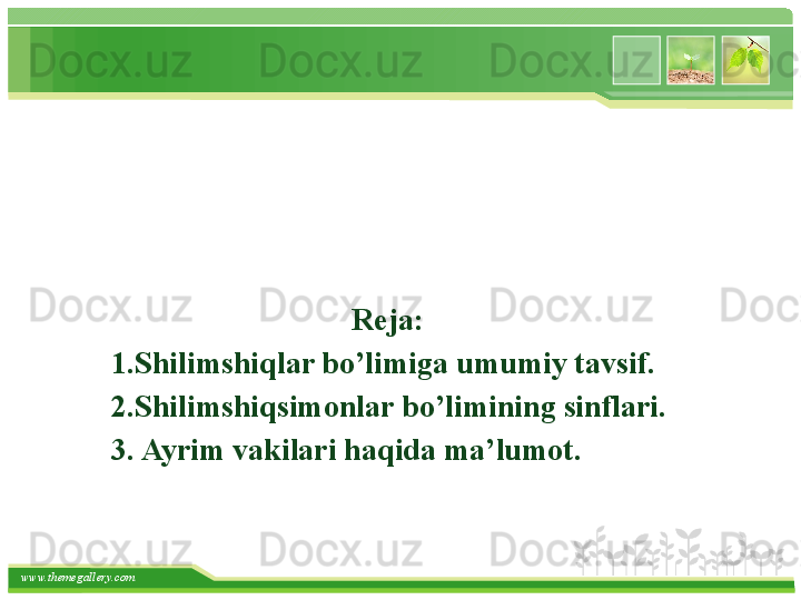 www.themegallery.com                                     Reja:
     1.Shilimshiqlar bo’limiga umumiy tavsif.
     2.Shilimshiqsimonlar bo’limining sinflari.
     3. Ayrim vakilari haqida ma’lumot.   