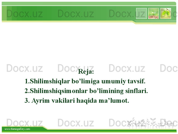 www.themegallery.com                                     Reja:
     1.Shilimshiqlar bo’limiga umumiy tavsif.
     2.Shilimshiqsimonlar bo’limining sinflari.
     3. Ayrim vakilari haqida ma’lumot.