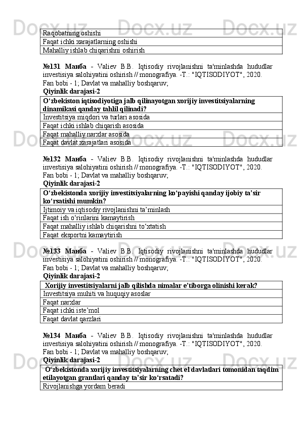 Raqobatning oshishi
Faqat ichki xarajatlarning oshishi
Mahalliy ishlab chiqarishni oshirish
№131   Манба   -   Valiev   B.B.   Iqtisodiy   rivojlanishni   ta'minlashda   hududlar
investisiya salohiyatini oshirish // monografiya. -T.: "IQTISODIYOT", 2020. 
Fan bobi - 1;  Davlat va mahalliy boshqaruv ;
Qiyinlik darajasi- 2
O‘zbekiston iqtisodiyotiga jalb qilinayotgan xorijiy investitsiyalarning 
dinamikasi qanday tahlil qilinadi?
Investitsiya miqdori va turlari asosida
Faqat ichki ishlab chiqarish asosida
Faqat mahalliy narxlar asosida
Faqat davlat xarajatlari asosida
№132   Манба   -   Valiev   B.B.   Iqtisodiy   rivojlanishni   ta'minlashda   hududlar
investisiya salohiyatini oshirish // monografiya. -T.: "IQTISODIYOT", 2020. 
Fan bobi - 1;  Davlat va mahalliy boshqaruv ;
Qiyinlik darajasi- 2
O‘zbekistonda xorijiy investitsiyalarning ko‘payishi qanday ijobiy ta’sir 
ko‘rsatishi mumkin?
Ijtimoiy va iqtisodiy rivojlanishni ta’minlash
Faqat ish o‘rinlarini kamaytirish
Faqat mahalliy ishlab chiqarishni to‘xtatish
Faqat eksportni kamaytirish
№133   Манба   -   Valiev   B.B.   Iqtisodiy   rivojlanishni   ta'minlashda   hududlar
investisiya salohiyatini oshirish // monografiya. -T.: "IQTISODIYOT", 2020. 
Fan bobi - 1;  Davlat va mahalliy boshqaruv ;
Qiyinlik darajasi- 2
 Xorijiy investitsiyalarni jalb qilishda nimalar e’tiborga olinishi kerak?
Investitsiya muhiti va huquqiy asoslar
Faqat narxlar
Faqat ichki iste’mol
Faqat davlat qarzlari
№134   Манба   -   Valiev   B.B.   Iqtisodiy   rivojlanishni   ta'minlashda   hududlar
investisiya salohiyatini oshirish // monografiya. -T.: "IQTISODIYOT", 2020. 
Fan bobi - 1;  Davlat va mahalliy boshqaruv ;
Qiyinlik darajasi- 2
 O‘zbekistonda xorijiy investitsiyalarning chet el davlatlari tomonidan taqdim
etilayotgan grantlari qanday ta’sir ko‘rsatadi?
Rivojlanishga yordam beradi 
