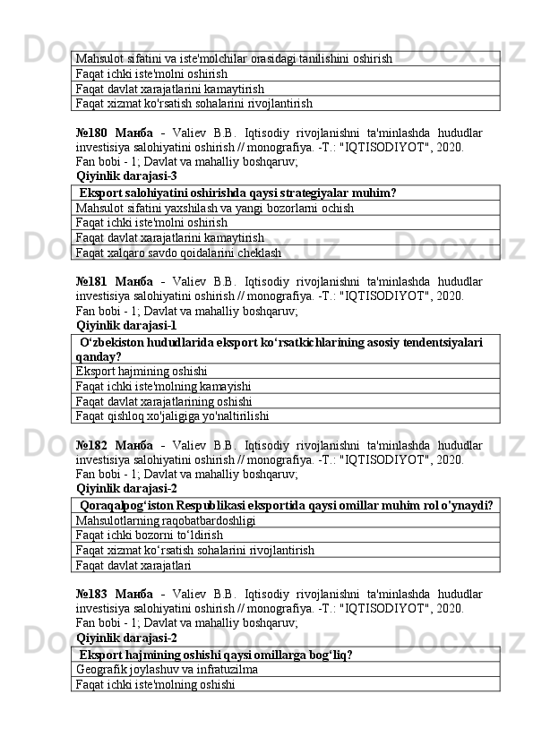 Mahsulot sifatini va iste'molchilar orasidagi tanilishini oshirish
Faqat ichki iste'molni oshirish
Faqat davlat xarajatlarini kamaytirish
Faqat xizmat ko'rsatish sohalarini rivojlantirish
№180   Манба   -   Valiev   B.B.   Iqtisodiy   rivojlanishni   ta'minlashda   hududlar
investisiya salohiyatini oshirish // monografiya. -T.: "IQTISODIYOT", 2020. 
Fan bobi - 1;  Davlat va mahalliy boshqaruv ;
Qiyinlik darajasi-3
 Eksport salohiyatini oshirishda qaysi strategiyalar muhim?
Mahsulot sifatini yaxshilash va yangi bozorlarni ochish
Faqat ichki iste'molni oshirish
Faqat davlat xarajatlarini kamaytirish
Faqat xalqaro savdo qoidalarini cheklash
№181   Манба   -   Valiev   B.B.   Iqtisodiy   rivojlanishni   ta'minlashda   hududlar
investisiya salohiyatini oshirish // monografiya. -T.: "IQTISODIYOT", 2020. 
Fan bobi - 1;  Davlat va mahalliy boshqaruv ;
Qiyinlik darajasi-1
 O‘zbekiston hududlarida eksport ko‘rsatkichlarining asosiy tendentsiyalari 
qanday?
Eksport hajmining oshishi
Faqat ichki iste'molning kamayishi
Faqat davlat xarajatlarining oshishi
Faqat qishloq xo'jaligiga yo'naltirilishi
№182   Манба   -   Valiev   B.B.   Iqtisodiy   rivojlanishni   ta'minlashda   hududlar
investisiya salohiyatini oshirish // monografiya. -T.: "IQTISODIYOT", 2020. 
Fan bobi - 1;  Davlat va mahalliy boshqaruv ;
Qiyinlik darajasi-2
 Qoraqalpog‘iston Respublikasi eksportida qaysi omillar muhim rol o'ynaydi?
Mahsulotlarning raqobatbardoshligi
Faqat ichki bozorni to‘ldirish
Faqat xizmat ko‘rsatish sohalarini rivojlantirish
Faqat davlat xarajatlari
№183   Манба   -   Valiev   B.B.   Iqtisodiy   rivojlanishni   ta'minlashda   hududlar
investisiya salohiyatini oshirish // monografiya. -T.: "IQTISODIYOT", 2020. 
Fan bobi - 1;  Davlat va mahalliy boshqaruv ;
Qiyinlik darajasi-2
 Eksport hajmining oshishi qaysi omillarga bog‘liq?
Geografik joylashuv va infratuzilma
Faqat ichki iste'molning oshishi 