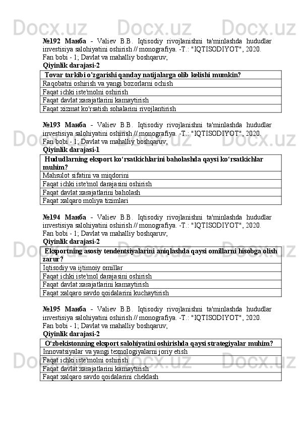 №192   Манба   -   Valiev   B.B.   Iqtisodiy   rivojlanishni   ta'minlashda   hududlar
investisiya salohiyatini oshirish // monografiya. -T.: "IQTISODIYOT", 2020. 
Fan bobi - 1;  Davlat va mahalliy boshqaruv ;
Qiyinlik darajasi-2
 Tovar tarkibi o'zgarishi qanday natijalarga olib kelishi mumkin?
Raqobatni oshirish va yangi bozorlarni ochish
Faqat ichki iste'molni oshirish
Faqat davlat xarajatlarini kamaytirish
Faqat xizmat ko'rsatish sohalarini rivojlantirish
№193   Манба   -   Valiev   B.B.   Iqtisodiy   rivojlanishni   ta'minlashda   hududlar
investisiya salohiyatini oshirish // monografiya. -T.: "IQTISODIYOT", 2020. 
Fan bobi - 1;  Davlat va mahalliy boshqaruv ;
Qiyinlik darajasi-1
 Hududlarning eksport ko‘rsatkichlarini baholashda qaysi ko‘rsatkichlar 
muhim?
Mahsulot sifatini va miqdorini
Faqat ichki iste'mol darajasini oshirish
Faqat davlat xarajatlarini baholash
Faqat xalqaro moliya tizimlari
№194   Манба   -   Valiev   B.B.   Iqtisodiy   rivojlanishni   ta'minlashda   hududlar
investisiya salohiyatini oshirish // monografiya. -T.: "IQTISODIYOT", 2020. 
Fan bobi - 1;  Davlat va mahalliy boshqaruv ;
Qiyinlik darajasi-2
 Eksportning asosiy tendentsiyalarini aniqlashda qaysi omillarni hisobga olish
zarur?
Iqtisodiy va ijtimoiy omillar
Faqat ichki iste'mol darajasini oshirish
Faqat davlat xarajatlarini kamaytirish
Faqat xalqaro savdo qoidalarini kuchaytirish
№195   Манба   -   Valiev   B.B.   Iqtisodiy   rivojlanishni   ta'minlashda   hududlar
investisiya salohiyatini oshirish // monografiya. -T.: "IQTISODIYOT", 2020. 
Fan bobi - 1;  Davlat va mahalliy boshqaruv ;
Qiyinlik darajasi-2
 O‘zbekistonning eksport salohiyatini oshirishda qaysi strategiyalar muhim?
Innovatsiyalar va yangi texnologiyalarni joriy etish
Faqat ichki iste'molni oshirish
Faqat davlat xarajatlarini kamaytirish
Faqat xalqaro savdo qoidalarini cheklash 