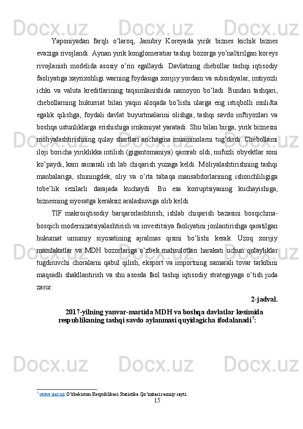 Yaponiyadan   farqli   o’laroq,   Janubiy   Koreyada   yirik   biznes   kichik   biznes
evaziga rivojlandi. Aynan yirik konglomeratiar tashqi bozorga yo’naltirilgan koreys
rivojlanish   modelida   asosiy   o’rin   egallaydi.   Davlatning   chebollar   tashqi   iqtisodiy
faoliyatiga xayrixohligi warning foydasiga xorijiy yordam va subsidiyalar, imtiyozli
ichki   va   valuta   kreditlarining   taqsimlanishida   namoyon   bo’ladi.   Bundan   tashqari,
chebollarning   hukurriat   bilan   yaqin   aloqada   bo’lishi   ularga   eng   istiqbolli   muli&a
egalik   qilishga,   foydali   davlat   buyurtmalarini   olishga,   tashqi   savdo   inftiyozlari   va
boshqa ustunliklarga erishishiga irnkoniyat yaratadi. Shu bilan birga, yirik biznesni
moliyalashtirishning qulay shartlari anchagina muammolarni tug’dirdi. Chebollami
iloji boricha yiriklikka intilish (gigantomaniya) qamrab oldi, nufuzli obyektlar soni
ko’paydi, kam samarali ish lab chiqarish yuzaga keldi. Moliyalashtirishning tashqi
manbalariga,   shuningdek,   oliy   va   o’rta   tabaqa   mansabdorlarining   ishonchliligiga
tobe’lik   sezilarli   darajada   kuchaydi.   Bu   esa   korruptsiyaning   kuchayishiga,
biznesning siyosatga keraksiz aralashuviga olib keldi. 
TIF   makroiqtisodiy   barqarorlashtirish,   ishlab   chiqarish   bazasini   bosqichma-
bosqich modernizatsiyalashtirish va investitsiya faoliyatini jonlantirishga qaratilgan
hukumat   umumiy   siyosatining   ajralmas   qismi   bo’lishi   kerak.   Uzoq   xorijiy
mamlakatlar   va   MDH   bozorlariga   o’zbek   mahsulotlari   harakati   uchun   qulayliklar
tugdiruvchi   choralarni   qabul   qilish,   eksport   va   importning   samarali   tovar   tarkibini
maqsadli   shakllantirish  va  shu  asosda  faol   tashqi   iqtisodiy  strategiyaga  o’tish  juda
zarur. 
2-jadval.
2017-yilning yanvar-martida MDH va boshqa davlatlar kesimida
respublikaning tashqi savdo aylanmasi quyidagicha ifodalanadi 7
:
7
  www.stat.uz  O’zbekiston Respublikasi Statistika Qo’mitasi rasmiy sayti.
15 