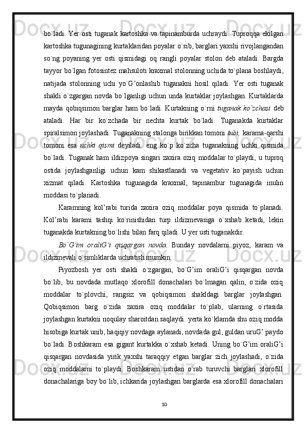 bo`ladi.  Yer  osti   tuganak   kartoshka  va  tapinamburda  uchraydi.  Tuproqqa  ekilgan
kartoshka tugunagining kurtaklaridan poyalar o`sib, barglari yaxshi rivojlangandan
so`ng   poyaning   yer   osti   qismidagi   oq   rangli   poyalar   stolon   deb   ataladi.   Bargda
tayyor bo`lgan fotosintez mahsuloti kraxmal stolonning uchida to`plana boshlaydi,
natijada   stolonning   uchi   yo`G’onlashib   tuganakni   hosil   qiladi.   Yer   osti   tuganak
shakli  o`zgargan novda bo`lganligi uchun unda kurtaklar  joylashgan. Kurtaklarda
mayda   qobiqsimon   barglar   ham   bo`ladi.   Kurtakning   o`rni   tuganak   ko`zchasi   deb
ataladi.   Har   bir   ko`zchada   bir   nechta   kurtak   bo`ladi.   Tuganakda   kurtaklar
spiralsimon joylashadi. Tuganakning stalonga birikkan tomoni  tubi,  karama-qarshi
tomoni   esa   uchki   qismi   deyiladi.   eng   ko`p   ko`zcha   tuganakning   uchki   qismida
bo`ladi.   Tuganak   ham   ildizpoya   singari   zaxira   oziq   moddalar   to`playdi,   u   tuproq
ostida   joylashganligi   uchun   kam   shikastlanadi   va   vegetativ   ko`payish   uchun
xizmat   qiladi.   Kartoshka   tugunagida   kraxmal,   tapinambur   tugunagida   inulin
moddasi to`planadi.
Karamning   kol’rabi   turida   zaxira   oziq   moddalar   poya   qismida   to`planadi.
Kol’rabi   karami   tashqi   ko`rinishidan   turp   ildizmevasiga   o`xshab   ketadi,   lekin
tuganakda kurtakning bo`lishi bilan farq qiladi. U yer usti tuganakdir.
Bo`G’im   oraliG’i   qisqargan   novda .   Bunday   novdalarni   piyoz,   karam   va
ildizmevali o`simliklarda uchratish mumkin.
Piyozbosh   yer   osti   shakli   o`zgargan,   bo`G’im   oraliG’i   qisqargan   novda
bo`lib,   bu   novdada   mutlaqo   xlorofill   donachalari   bo`lmagan   qalin,   o`zida   oziq
moddalar   to`plovchi,   rangsiz   va   qobiqsimon   shakldagi   barglar   joylashgan.
Qobiqsimon   barg   o`zida   zaxira   oziq   moddalar   to`plab,   ularning   o`rtasida
joylashgan kurtakni noqulay sharoitdan saqlaydi. yerta ko`klamda shu oziq modda
hisobiga kurtak unib, haqiqiy novdaga aylanadi, novdada gul, guldan uruG’ paydo
bo`ladi.   Boshkaram   esa   gigant   kurtakka   o`xshab   ketadi.   Uning   bo`G’im   oraliG’i
qisqargan   novdasida   yirik   yaxshi   taraqqiy   etgan   barglar   zich   joylashadi,   o`zida
oziq   moddalarni   to`playdi.   Boshkaram   ustidan   o`rab   turuvchi   barglari   xlorofill
donachalariga boy bo`lib, ichkarida joylashgan barglarda esa xlorofill donachalari
10
