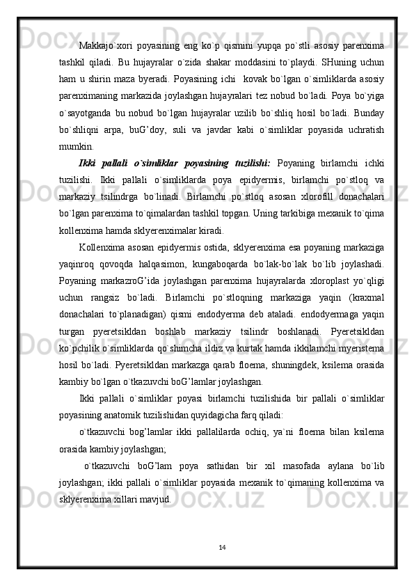 Makkajo`xori   poyasining   eng   ko`p   qismini   yupqa   po`stli   asosiy   parenxima
tashkil   qiladi.   Bu   hujayralar   o`zida   shakar   moddasini   to`playdi.   SHuning   uchun
ham   u   shirin   maza   byeradi.   Poyasining   ichi     kovak   bo`lgan   o`simliklarda   asosiy
parenximaning markazida joylashgan hujayralari  tez nobud bo`ladi. Poya bo`yiga
o`sayotganda   bu   nobud   bo`lgan   hujayralar   uzilib   bo`shliq   hosil   bo`ladi.   Bunday
bo`shliqni   arpa,   buG’doy,   suli   va   javdar   kabi   o`simliklar   poyasida   uchratish
mumkin.
Ikki   pallali   o`simliklar   poyasining   tuzilishi :   Poyaning   birlamchi   ichki
tuzilishi.   Ikki   pallali   o`simliklarda   poya   epidyermis,   birlamchi   po`stloq   va
markaziy   tsilindrga   bo`linadi.   Birlamchi   po`stloq   asosan   xlorofill   donachalari
bo`lgan parenxima to`qimalardan tashkil topgan. Uning tarkibiga mexanik to`qima
kollenxima hamda sklyerenximalar kiradi.
Kollenxima asosan epidyermis ostida, sklyerenxima esa poyaning markaziga
yaqinroq   qovoqda   halqasimon,   kungaboqarda   bo`lak-bo`lak   bo`lib   joylashadi.
Poyaning   markazroG’ida   joylashgan   parenxima   hujayralarda   xloroplast   yo`qligi
uchun   rangsiz   bo`ladi.   Birlamchi   po`stloqning   markaziga   yaqin   (kraxmal
donachalari   to`planadigan)   qismi   endodyerma   deb   ataladi.   endodyermaga   yaqin
turgan   pyeretsikldan   boshlab   markaziy   tsilindr   boshlanadi.   Pyeretsikldan
ko`pchilik o`simliklarda qo`shimcha ildiz va kurtak hamda ikkilamchi myeristema
hosil   bo`ladi.   Pyeretsikldan   markazga   qarab   floema,   shuningdek,   ksilema   orasida
kambiy bo`lgan o`tkazuvchi boG’lamlar joylashgan.
Ikki   pallali   o`simliklar   poyasi   birlamchi   tuzilishida   bir   pallali   o`simliklar
poyasining anatomik tuzilishidan quyidagicha farq qiladi:
o`tkazuvchi   bog’lamlar   ikki   pallalilarda   ochiq,   ya`ni   floema   bilan   ksilema
orasida kambiy joylashgan;
   o`tkazuvchi   boG’lam   poya   sathidan   bir   xil   masofada   aylana   bo`lib
joylashgan;   ikki   pallali   o`simliklar   poyasida   mexanik   to`qimaning   kollenxima   va
sklyerenxima xillari mavjud.
14