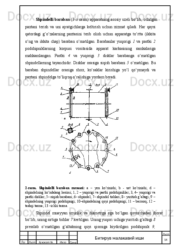 Shpindelli   baraban   (3- a  rasm)   apparatning   asosiy   uzeli   bo‘lib,   ochilgan  
paxtani   terish   va   uni   ajratgichlarga   keltirish   uchun   xizmat   qiladi.   Har   qaysi
qatordagi   g’o‘zalarning   paxtasini   terib   olish   uchun   apparatga   to‘rtta   (ikkita
o‘ng   va   ikkita   chap)   baraban   o‘rnatilgan.   Barabanlar   yuqorigi   1   va   pastki   2
podshipniklarning   korpusi   vositasida   apparat   karkasining   ramkalariga
mahkamlangan.   Pastki   4   va   yuqorigi   3   disklar   barabanga   o‘rnatilgan
shpindellarning tayanchidir. Disklar orasiga siqish barabani   5   o‘rnatilgan. Bu
baraban   shpindellar   orasiga   shox,   ko‘saklar   kirishiga   yo‘l   qo‘ymaydi   va
paxtani shpindelga to‘liqroq o‘ralishiga yordam beradi.
2-rasm.   Shpindelli   baraban   sxemasi:   a   –   yon   ko‘rinishi;   b   -   ust   ko‘rinishi;   d   –
shpindelning ko‘ndalang kesimi; 1, 2 – yuqorigi va pastki podshipniklar; 3, 4– yuqorigi va
pastki disklar; 5– siqish barabani; 6– shpindel; 7– shpindel tishlari; 8– yuritish g’altagi; 9 –
shpindelning  yuqorigi podshipnigi; 10–shpindelning quyi podshipnigi; 11 – barmoq; 12 –
tashqi tasma; 13 –ichki tasma.
Shpindel   muayyan   uzunlik   va   diametrga   ega   bo‘lgan   quvurchadan   iborat
bo‘lib, uning sirtiga tishlar  7  kertilgan. Uning yuqori uchiga yuritish g’altagi  8
presslab   o‘rnatilgan   g’altakning   quyi   qismiga   kiydirilgan   podshipnik   9,
  Ўзг Лист Хужжат № . Имзо
Сана Лист
   14Битирув малакавий иши 