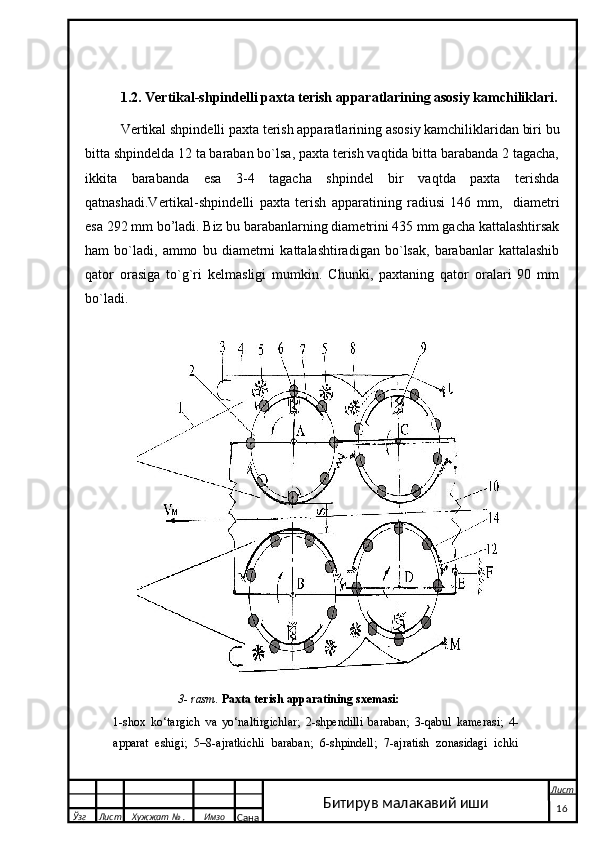 1.2. Vertikal-shpindelli paxta terish apparatlarining asosiy kamchiliklari.
Vertikal shpindelli paxta terish apparatlarining asosiy kamchiliklaridan biri bu
bitta shpindelda 12 ta baraban bo`lsa, paxta terish vaqtida bitta barabanda 2 tagacha,
ikkita   barabanda   esa   3-4   tagacha   shpindel   bir   vaqtda   paxta   terishda
qatnashadi.Vertikal-shpindelli   paxta   terish   apparatining   radiusi   146   mm,     diametri
esa 292 mm bo’ladi. Biz bu barabanlarning diametrini 435 mm gacha kattalashtirsak
ham   bo`ladi,   ammo   bu   diametrni   kattalashtiradigan   bo`lsak,   barabanlar   kattalashib
qator   orasiga   to`g`ri   kelmasligi   mumkin.   Chunki,   paxtaning   qator   oralari   90   mm
bo`ladi.  
                                3- rasm.   Paxta   terish   apparatining   sxemasi:
1-shox   ko‘targich   va   yo‘naltirgichlar;   2-shpendilli   baraban;   3-qabul   kamerasi;   4-
apparat   eshigi;   5–8-ajratkichli   baraban;   6-shpindell;   7-ajratish   zonasidagi   ichki
  Ўзг Лист Хужжат № . Имзо
Сана Лист
   16Битирув малакавий иши