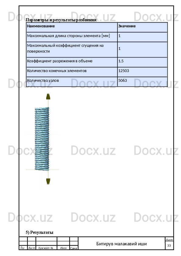 Параметры и результаты разбиения
Наименование Значение
Максимальная длина стороны элемента [мм] 1
Максимальный коэффициент сгущения на 
поверхности 1
Коэффициент разрежения в объеме 1.5
Количество конечных элементов 12503
Количество узлов 5063
5) Результаты
  Ўзг Лист Хужжат № . Имзо
Сана Лист
   33Битирув малакавий иши 