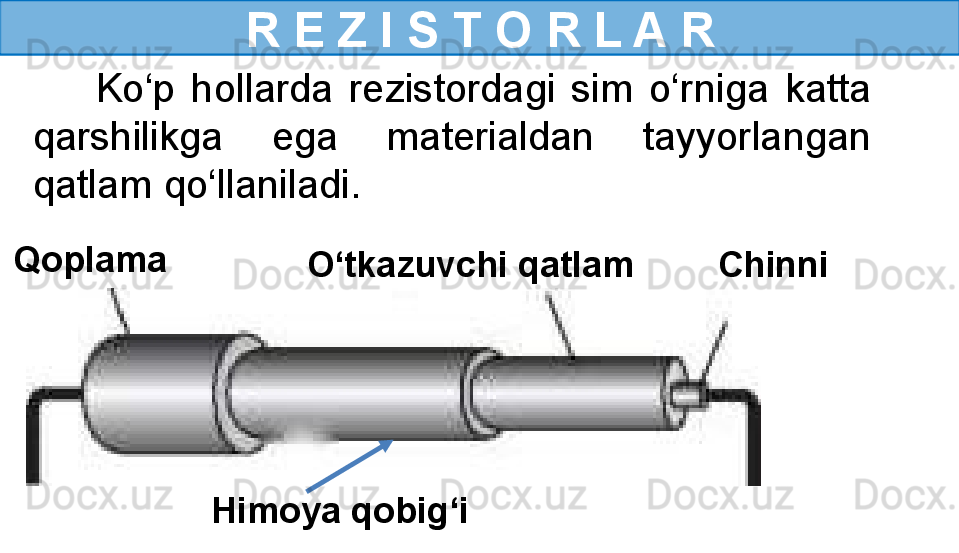 R E Z I S T O R L A R
Qoplama
O‘tkazuvchi qatlam   Chinni 
Himoya qobig‘i        Ko‘p  hollarda  rezistordagi  sim  o‘rniga  katta 
qarshilikga  ega  materialdan  tayyorlangan 
qatlam qo‘llaniladi. 