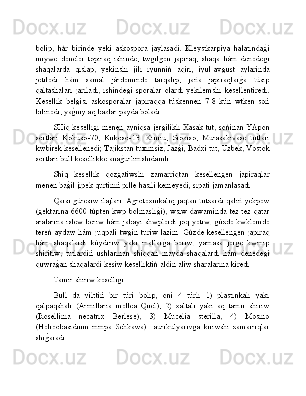 bolip,   hár   birinde   yeki   askospora   jaylasadi.   Kleystkarpiya   halatindaǵ�i
miywe   deneler   topiraq   ishinde,   tw	
ǵilǵen   japiraq,   shaqa   hám   denede	ǵi
shaqalarda   qislap,   yekinshi   jili   iyunniń   aqiri,   iyul-av	
ǵust   aylarinda
jetiledi   hám   samal   járdeminde   tarqalip,   jańa   japiraqlar	
ǵ�a   túsip
qaltashalari   jariladi,   ishinde	
ǵi   sporalar   olardi   yekilemshi   kesellentiredi.
Kesellik   bel	
ǵisi   askosporalar   japiraqqa   túskennen   7-8   kún   wtken   soń
bilinedi, ya	
ǵ�niy aq bazlar payda boladi.
SHiq keselli	
ǵi menen ayniqsa jer	ǵilikli Xasak tut, sońinan YApon
sortlari   Kokuso-70,   Kukoso-13,   Kinriu,   Sioziso,   Murasakivase   tutlari
kwbirek kesellenedi; Tajikstan tuximsiz, Jaz	
ǵ�i, Badxi tut, Uzbek, Vostok
sortlari bull kesellikke ana	
ǵ�urlimshidamli .
Shiq   kesellik   qoz	
ǵatiwshi   zamarriqtan   kesellen	ǵen   japiraqlar
menen ba	
ǵ�il jipek qurtiniń pille hasili kemeyedi, sipati jamanlasadi. 
Qarsi 
ǵúresiw ilajlari. A	ǵrotexnikaliq jaqtan tutzardi qaliń yekpew
(	
ǵektarina  6600 túpten kwp bolmasli	ǵ�i),  wsiw  dawaminda tez-tez qatar
aralarina islew beriw hám jabayi shwplerdi joq yetiw, 	
ǵúzde kwklemde
tereń  aydaw  hám  juqpali   tw	
ǵin  turiw   lazim.   Gúzde  kesellen	ǵen  japiraq
hám   shaqalardi   kúydiriw   yaki   mallar	
ǵ�a   beriw,   yamasa   jer	ǵe   kwmip
shiritiw;   tutlardiń   ushlarinan   shiqqan   mayda   shaqalardi   hám   denede	
ǵi
quwra	
ǵ�an shaqalardi kesiw keselliktiń aldin aliw sharalarina kiredi.
Tamir shiriw keselli	
ǵi
Bull   da   vilttiń   bir   túri   bolip,   oni   4   túrli   1)   plastinkali   yaki
qalpaqshali   (Armillaria   mellea   Quel);   2)   xaltali   yaki   aq   tamir   shiriw
(Rosellinia   necatrix   Berlese);   3)   Mucelia   sterilla;   4)   Mosino
(Helicobasidium   mmpa   Schkawa)   –aurikulyariv	
ǵa   kiriwshi   zamarriqlar
shi	
ǵ�aradi. 